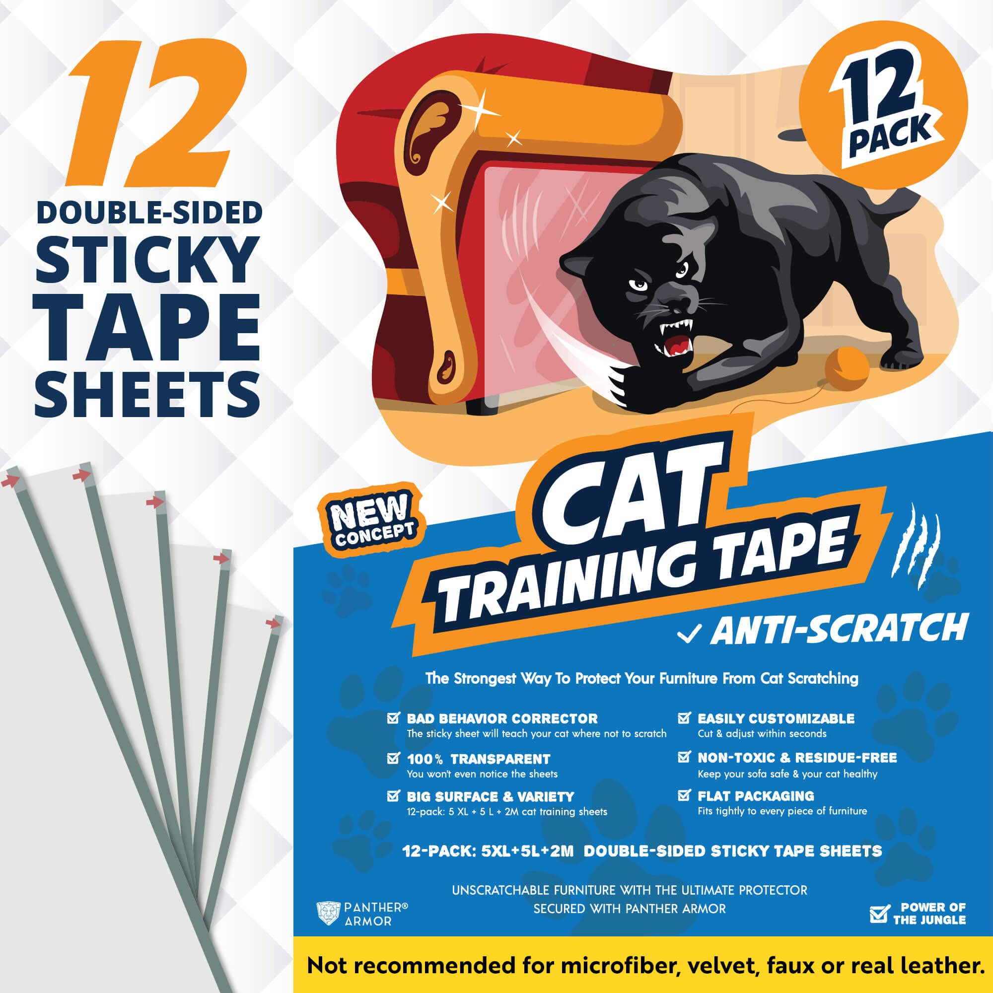 Panther Armor Cat Scratch Deterrent Tape  12 Double Sided Anti Scratching Sticky Tape  Cat Furniture Protector  Cat Training 