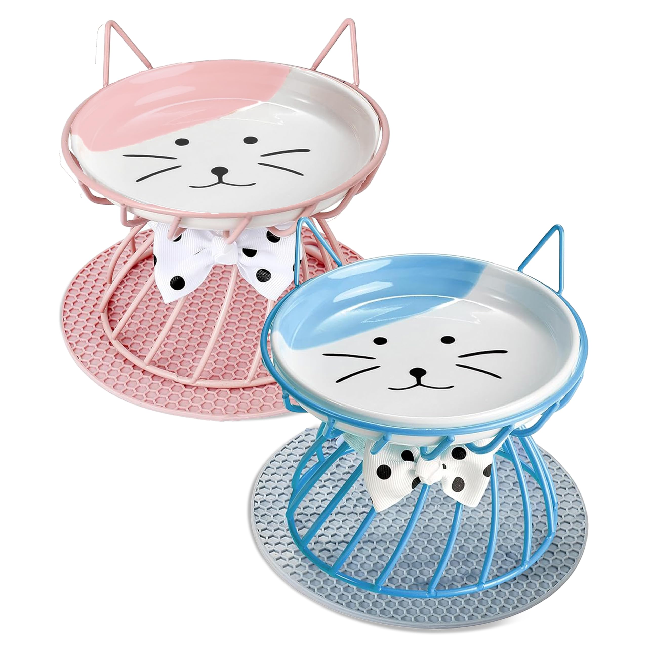 2PCS Ceramic Shallow Cat Food Dishes With Non-Slip Mat, Elevated Bowl With Raised Metal Stand, Protects Spine, Small Dog Bowl, W