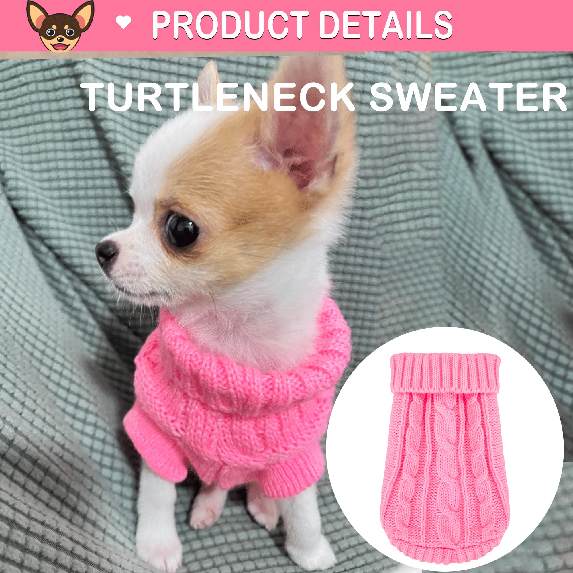 Kallfir's cutie XXS Dog Sweater - 2 Piece Turtleneck Knitted Rose-Pink Chihuahua Clothes for Small Dogs & Cats, Model 509O4