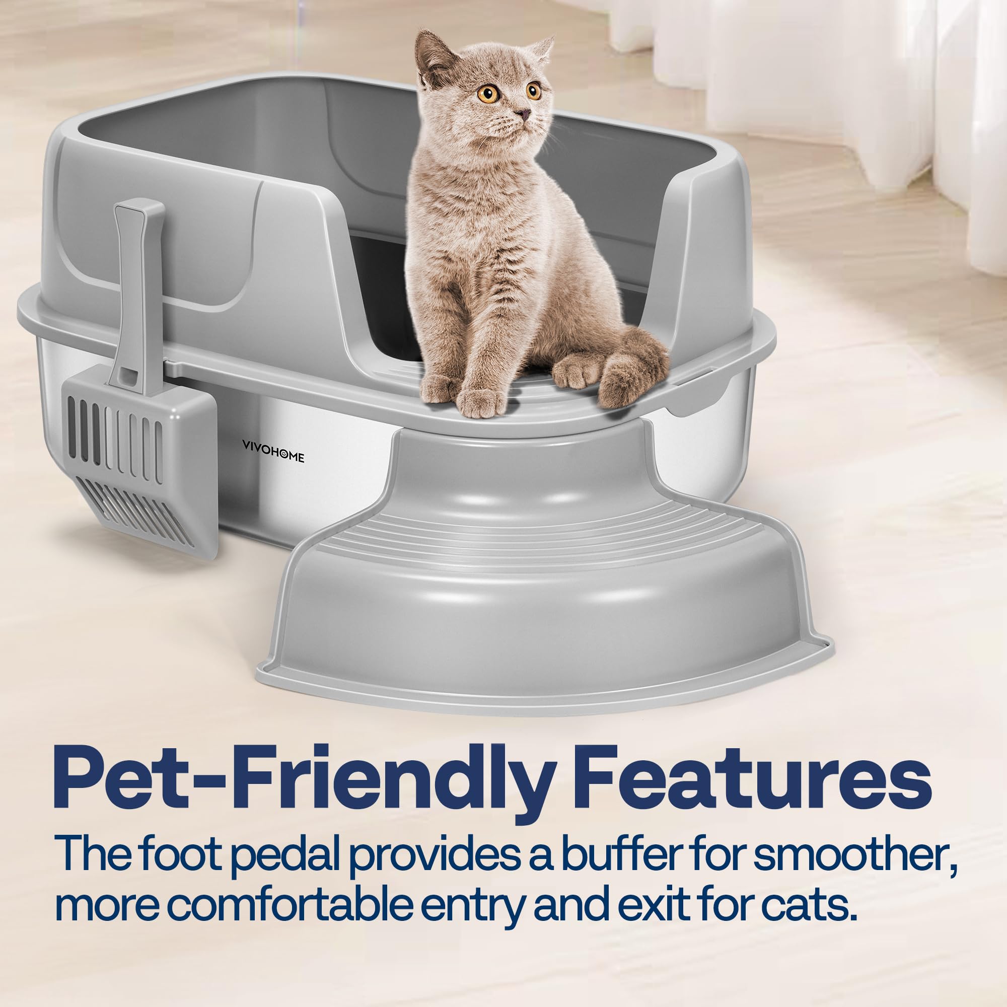Vivohome Xl Stainless Steel Cat Litter Box With Cover And Steps, 23'' X 17'' X 12'' Large Metal Litter Box For Cats With Scoop,