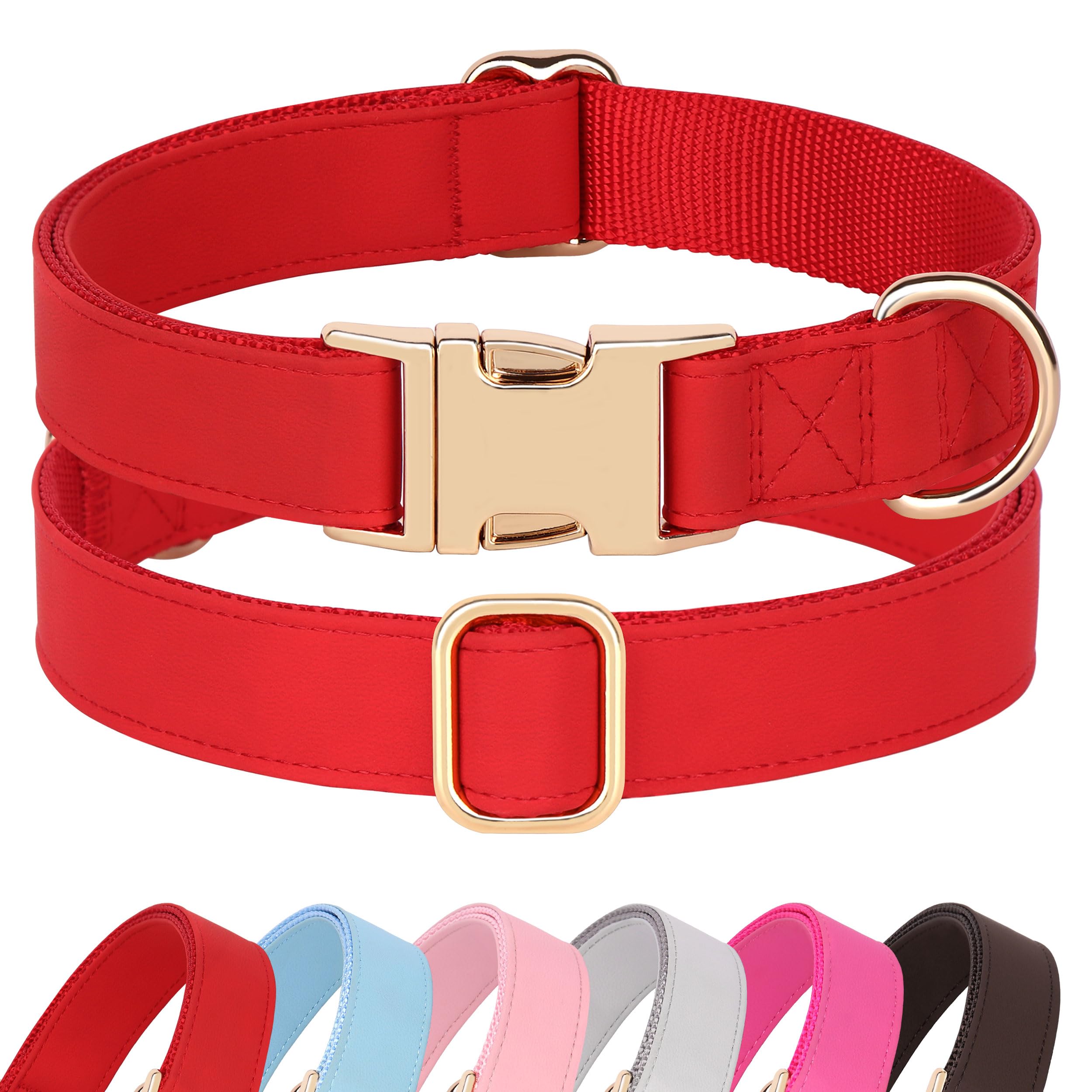 Pet Artist Charming Nylon Dog Collar With Leather Soft Comfy Elegant Nylon Collars For Dogs Small Medium Large 4 Bright Solid Color For Choosing Blue Red Brown Grey (Red,Neck Fit 13-19'')
