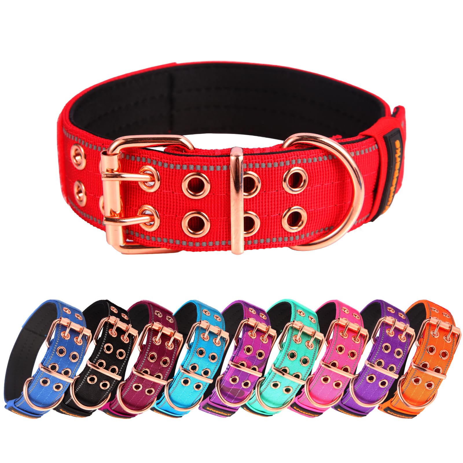 Yunleparks Heavy Duty Tactical Dog Collar With Neoprene Padded And Metal Buckle, Reflective Nylon For Medium To Large Dogs(Red, 