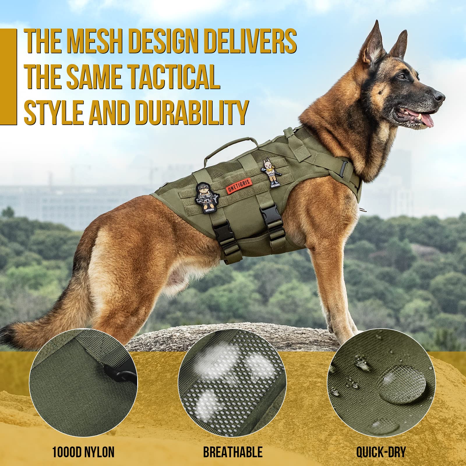 Onetigris Tactical Dog Harness For Small Dog, No Pull Small Dog Vest Harness Breathable Military Dog Molle Vests With Handles, H