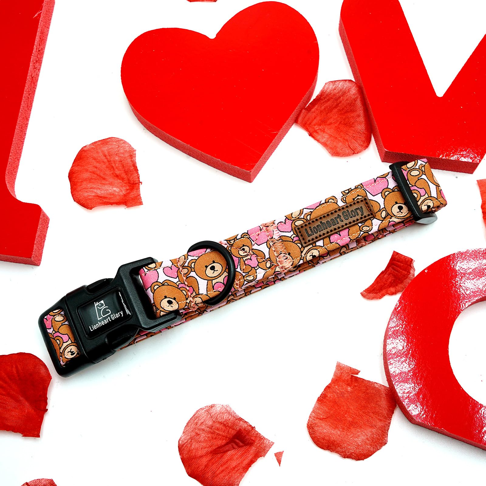 Lionheart Glory Valentine Collar-Bear Hearts Print Dog Collar For Medium Cute Pink Dog Collars Spring Female Pet Gift Adjustable