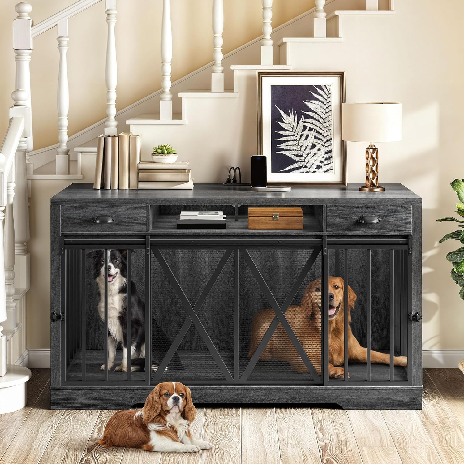 YITAHOME 63 Inch Double Dog Crate TV Stand with Power Outlet, Heavy Duty Wooden Cage Furniture for 2 Dogs, Dog Kennel Indoor Fur