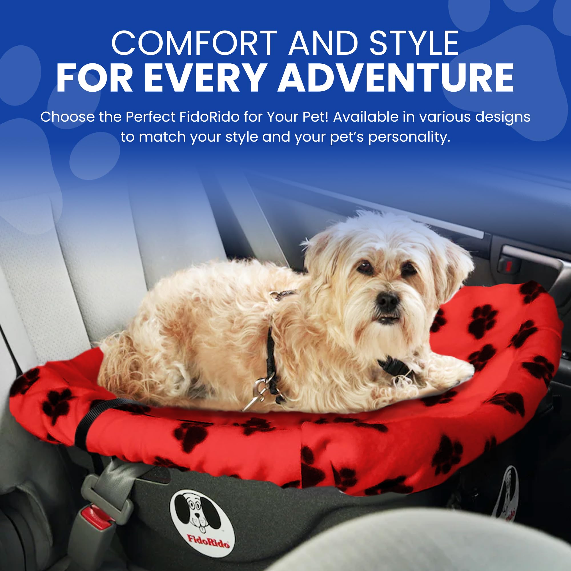 FidoRido Dog Car Seat - Small Harness Booster Seat, Red with Black Paw Prints, Comfortable Cushions and Safety Straps for Travel