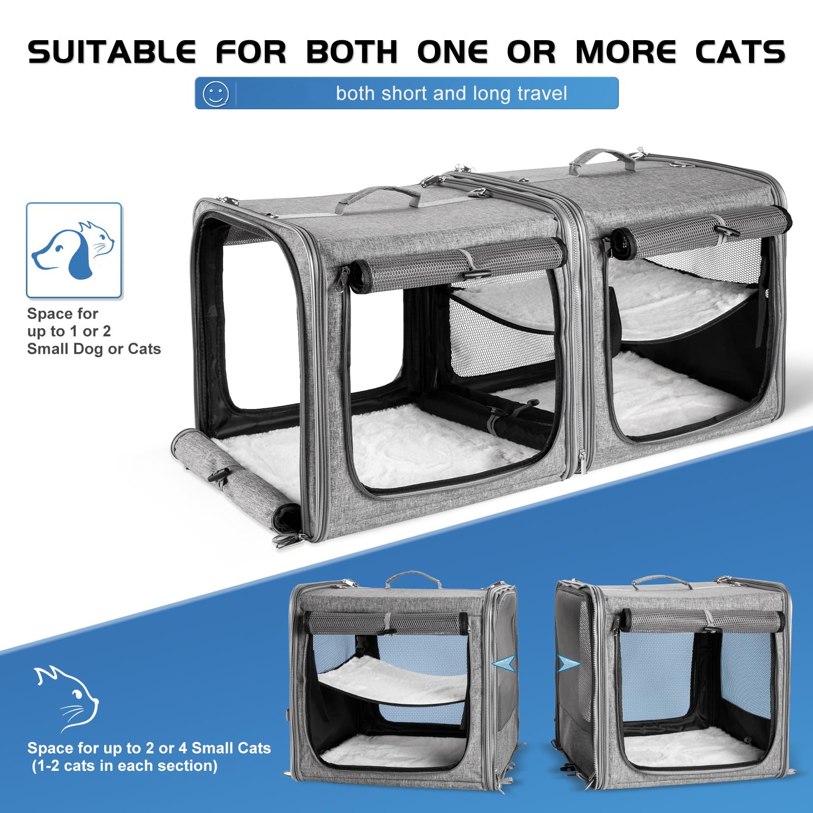 Suertree Cat Carrier For 2 Cats, Pet Travel Carrier With Litter Box For Cats And Small Dogs Up To 45 Lbs, Bowls, And Locking Zip
