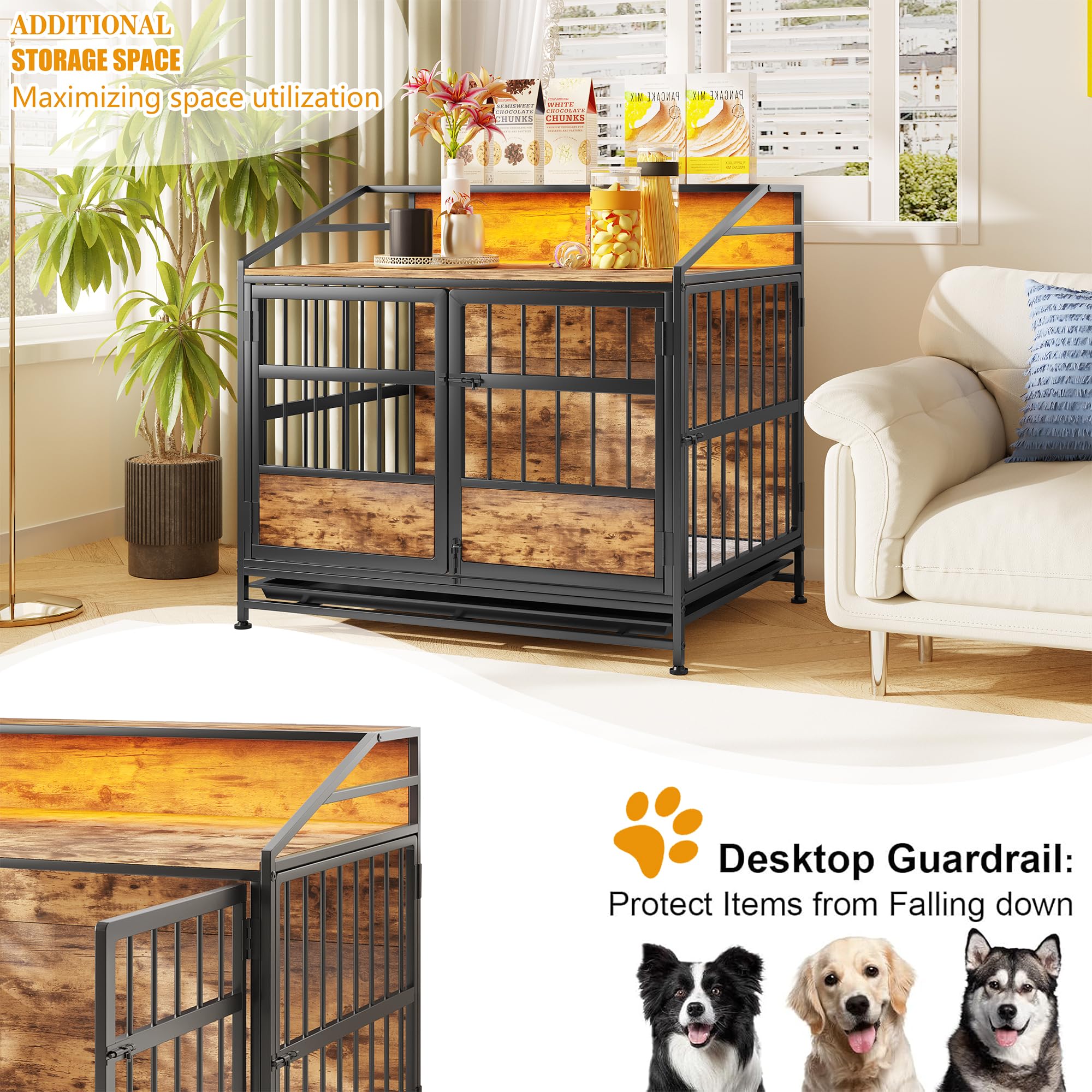 Maliacife Dog Crate Furniture with Led Lights,Heavy Duty Wooden Dog Kennel with Double Doors,Dog House Indoor for Small Medium D