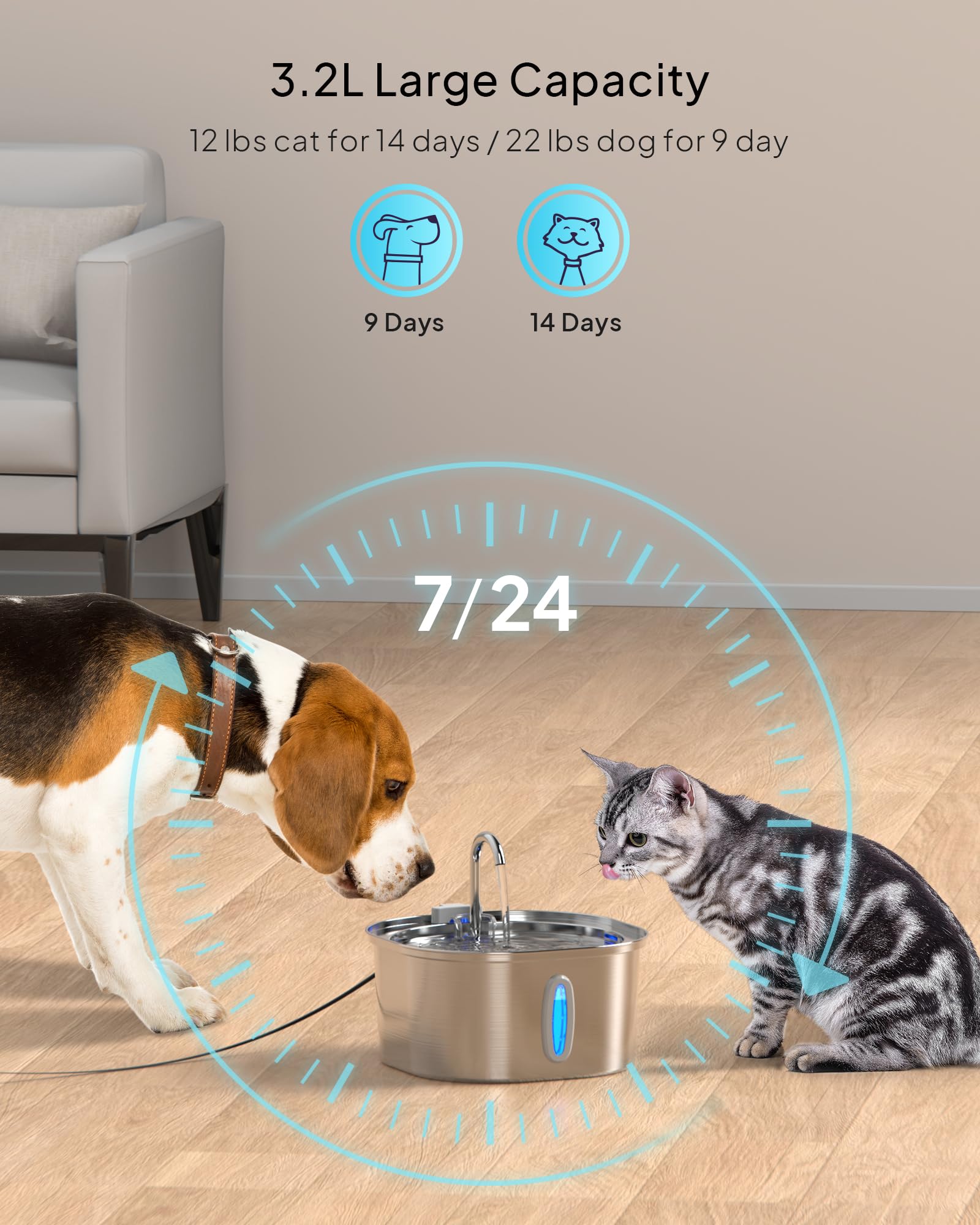 Cat Water Fountain - 3.2L/108Oz Stainless Steel Pet Water Drinking Fountain For Cats Indoor, Dog Water Fountain With Water Level Window And 6 Filters + 6 Sponges