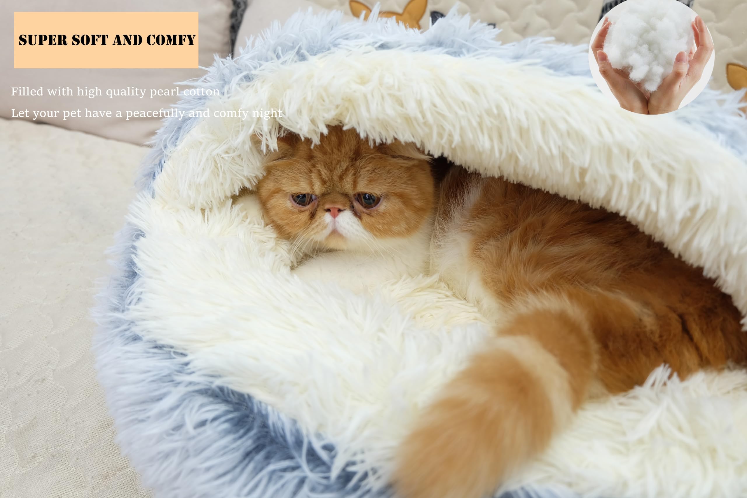 Zanesun Calming Round Dog Bed & Cat Cave With Hooded Cover, Plush Fluffy Anti-Anxiety Bed, Waterproof Bottom Washable (Grey, 20X