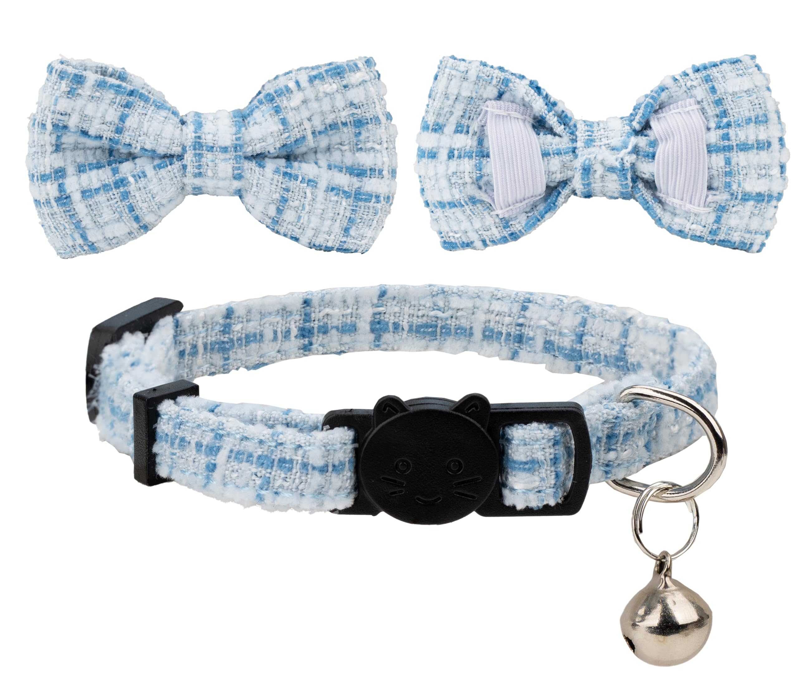Gyapet Cat Collar Breakaway With Bell Boy Girl Kitten Bow Tie Safety Plaid Solid Color Set Cute Soft Summer B-[2Pcs] Blue