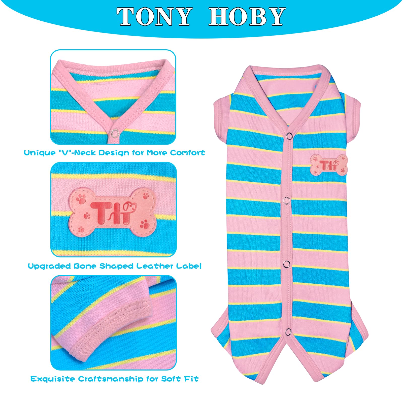 Tony Hoby Female Dog Pajamas With Colorful Stripe, Pet Clothes For Small Medium Dogs (Pink&Blue, Girl, L)