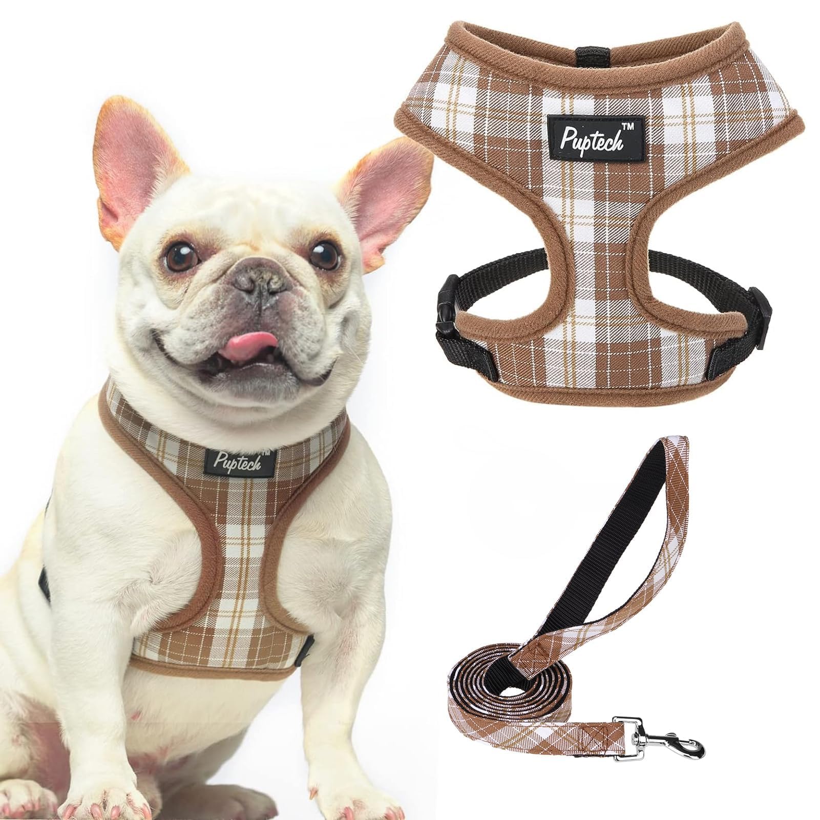 Pupteck Soft Mesh Dog Harness And Leash Set Pet Puppy Cat Comfort Padded Vest No Pull Harnesses, Brown, M