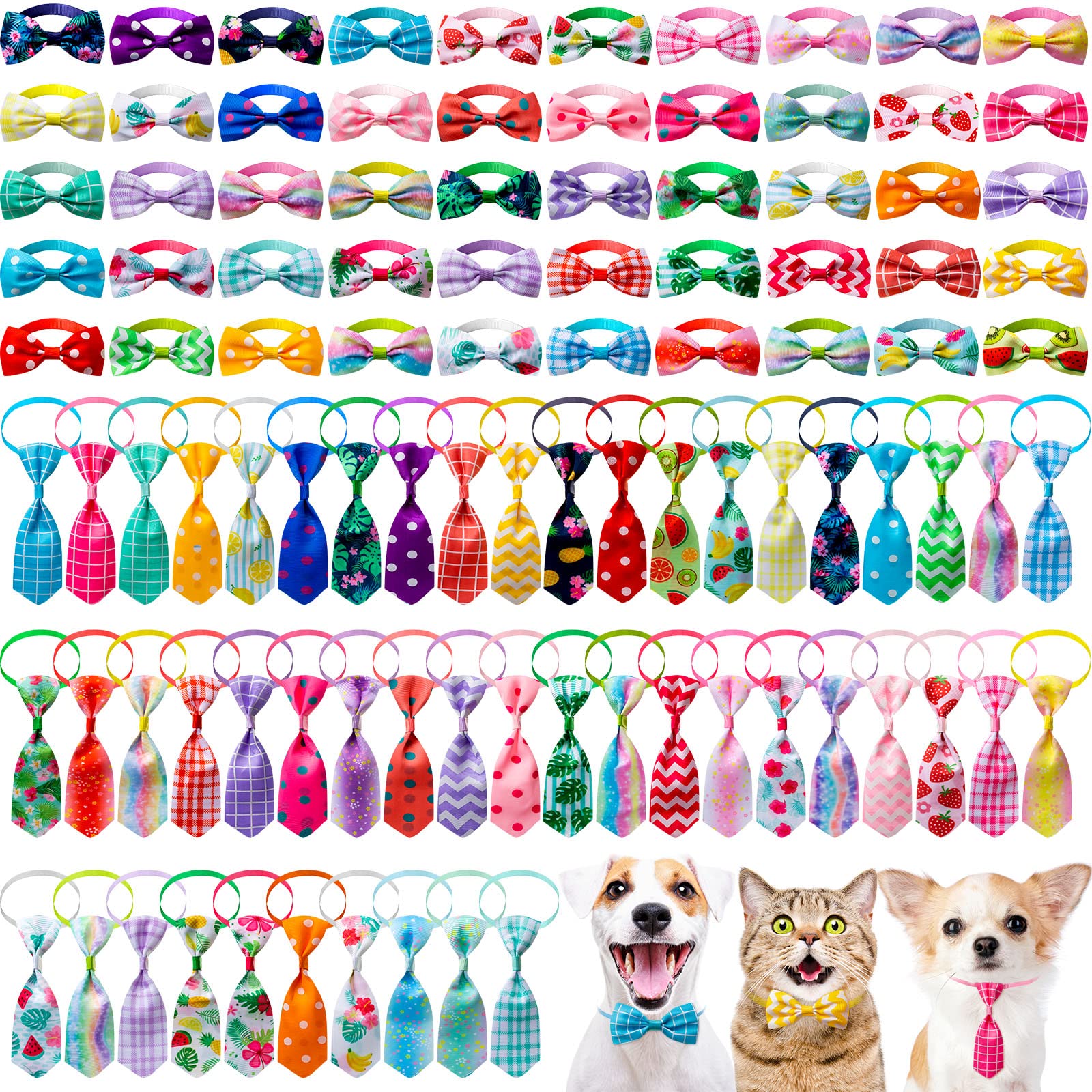 Reginary 100 Pieces Dog Bow Tie Collar Set Includes 50 Neckties and 50 Bow Ties Adjustable Cat Dog Bowties Neckties for Small Me