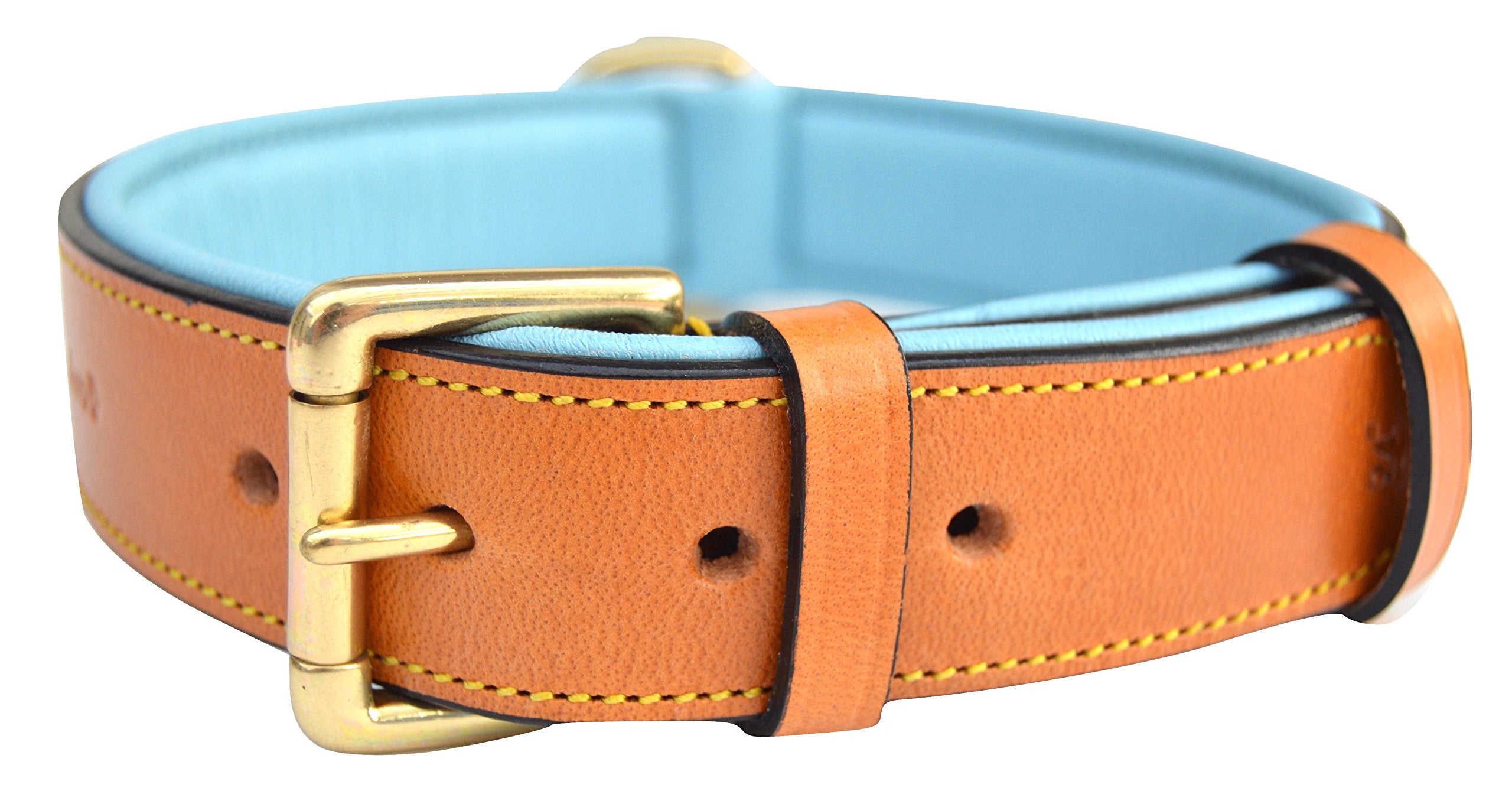 Soft Touch Collars Leather Padded Dog Collar, Large Tan With Teal Padding, Real Genuine Leather, 24' Long X 1.5' Wide, Neck Si