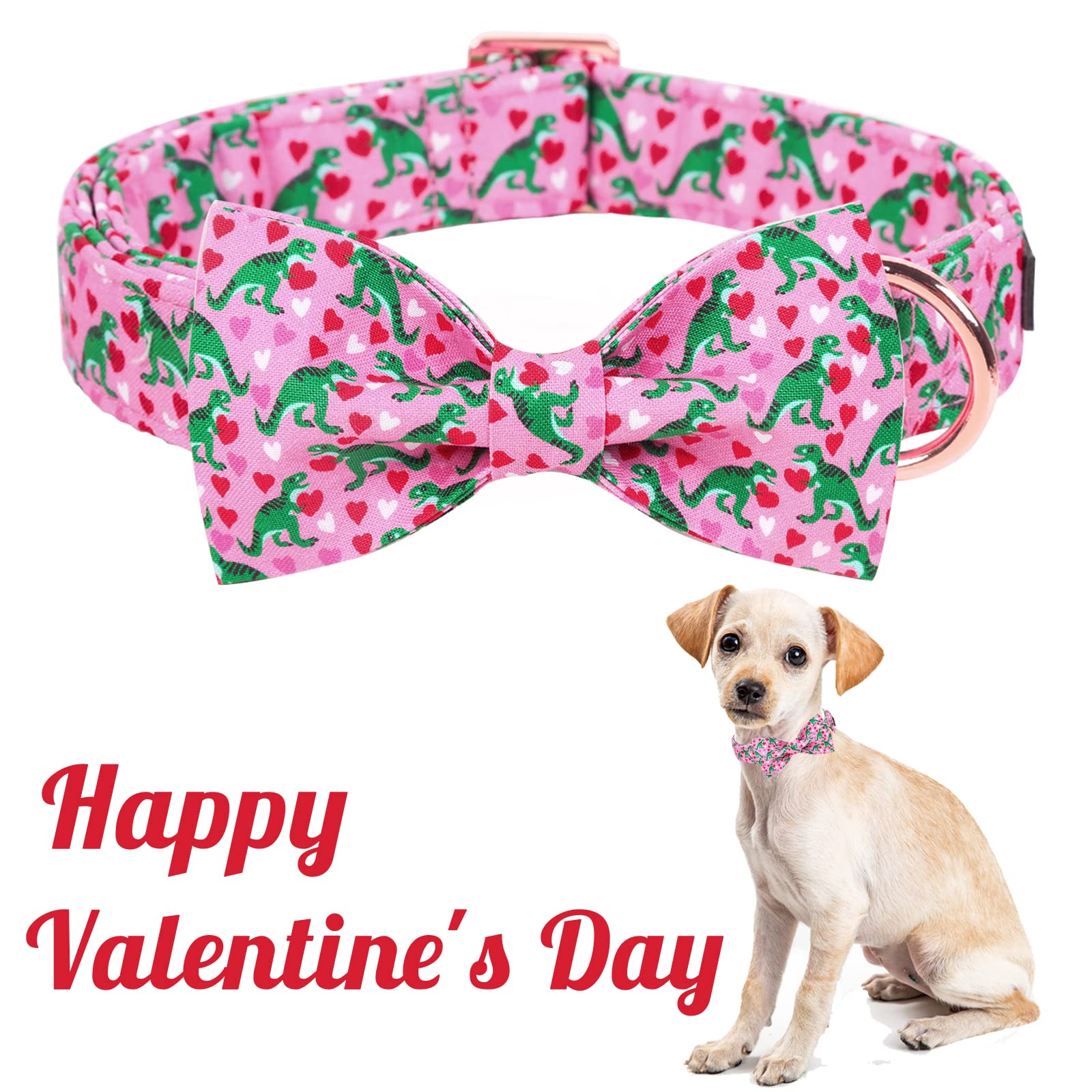 Unique Style Paws Dog Collar With Bowtie Pink Dinosaur & Heart Puppy Collar Suitable For Small Medium Large Dogs With Adjustable Safety Metal Buckle For Valentine'S Day-L