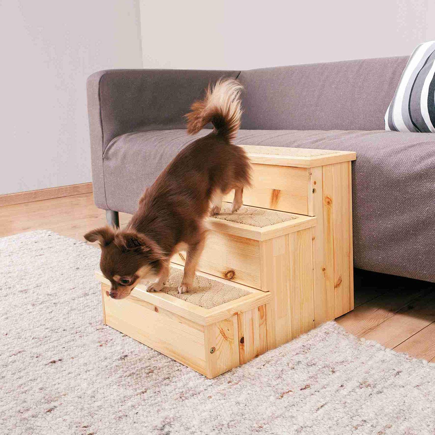 TRIXIE 3-Step Wooden Pet Stairs, Nonslip Carpeted Dog Steps, 15" H, Natural, Model 3943, Indoor Use for Dogs and Cats