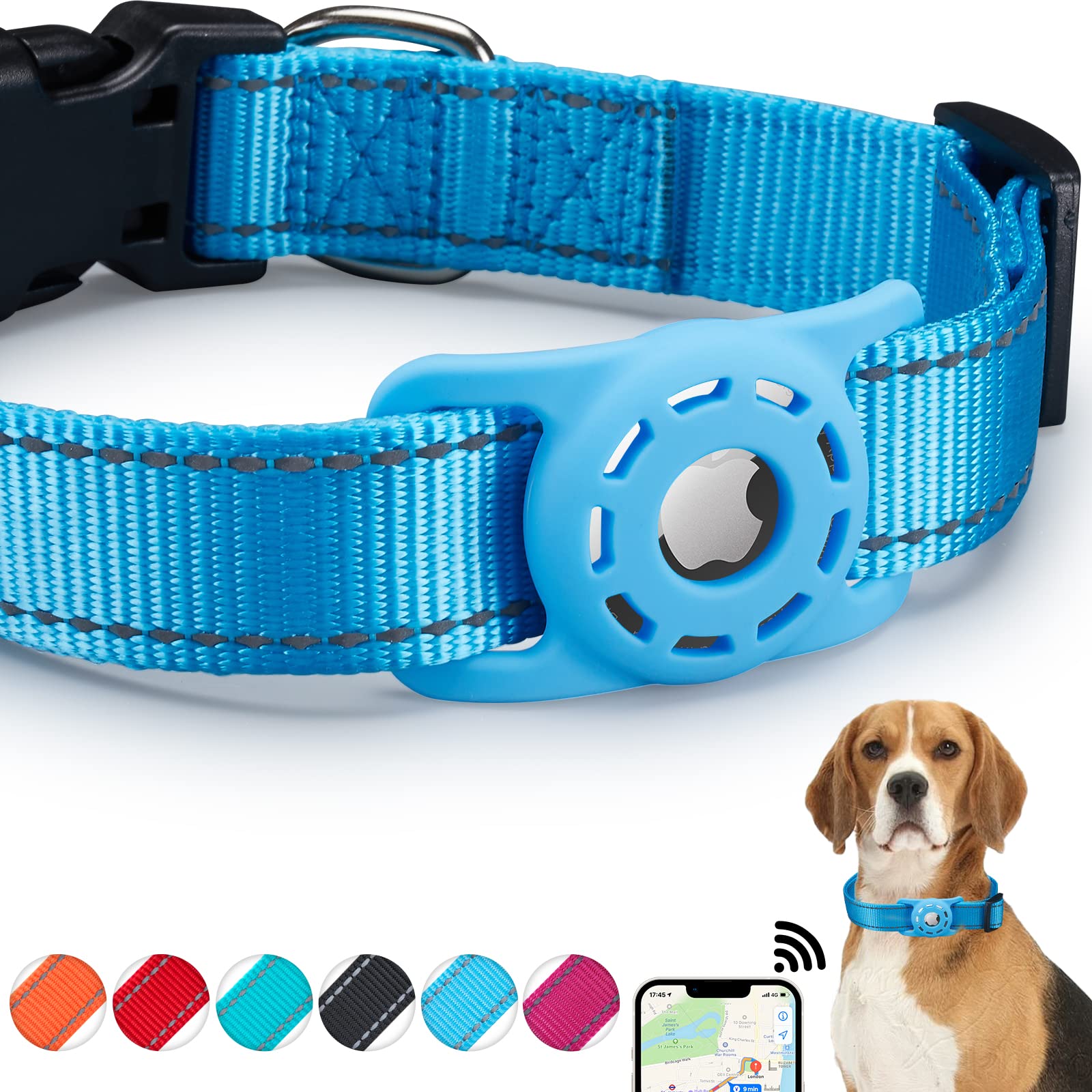 Konity Reflective Airtag Dog Collar, Compatible With Apple Airtag 2021, Nylon Pet Cat Puppy Collar With Silicone Airtag Holder For Small, Medium, Large, And Extra Large Dogs