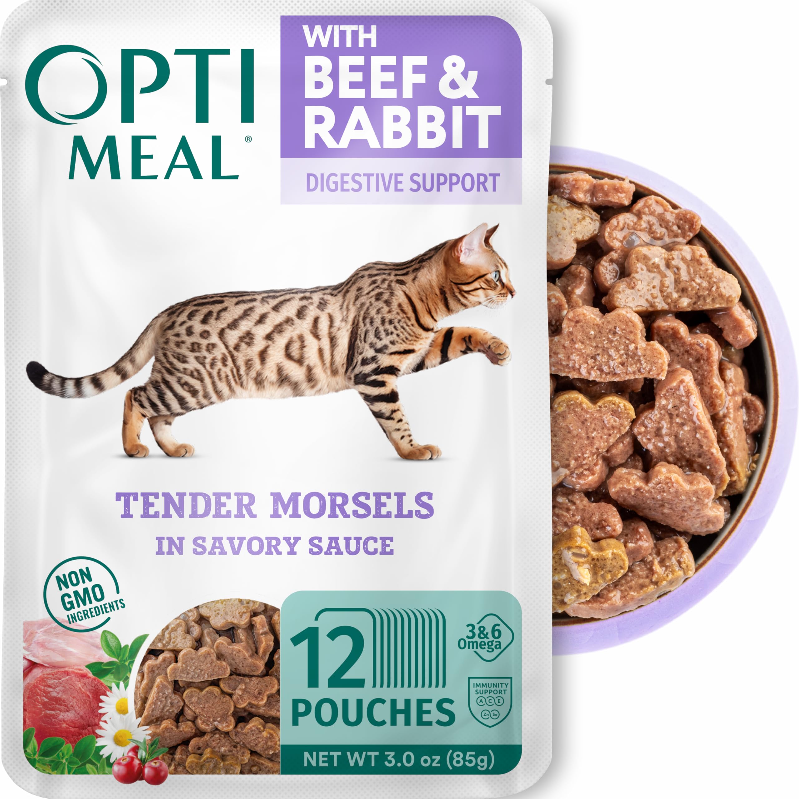 Optimeal Grain-Free Wet Cat Food Pouches - Beef & Rabbit in Savory Gravy, High Protein & Moisture-Rich Tender Morsels, Indoor Ad