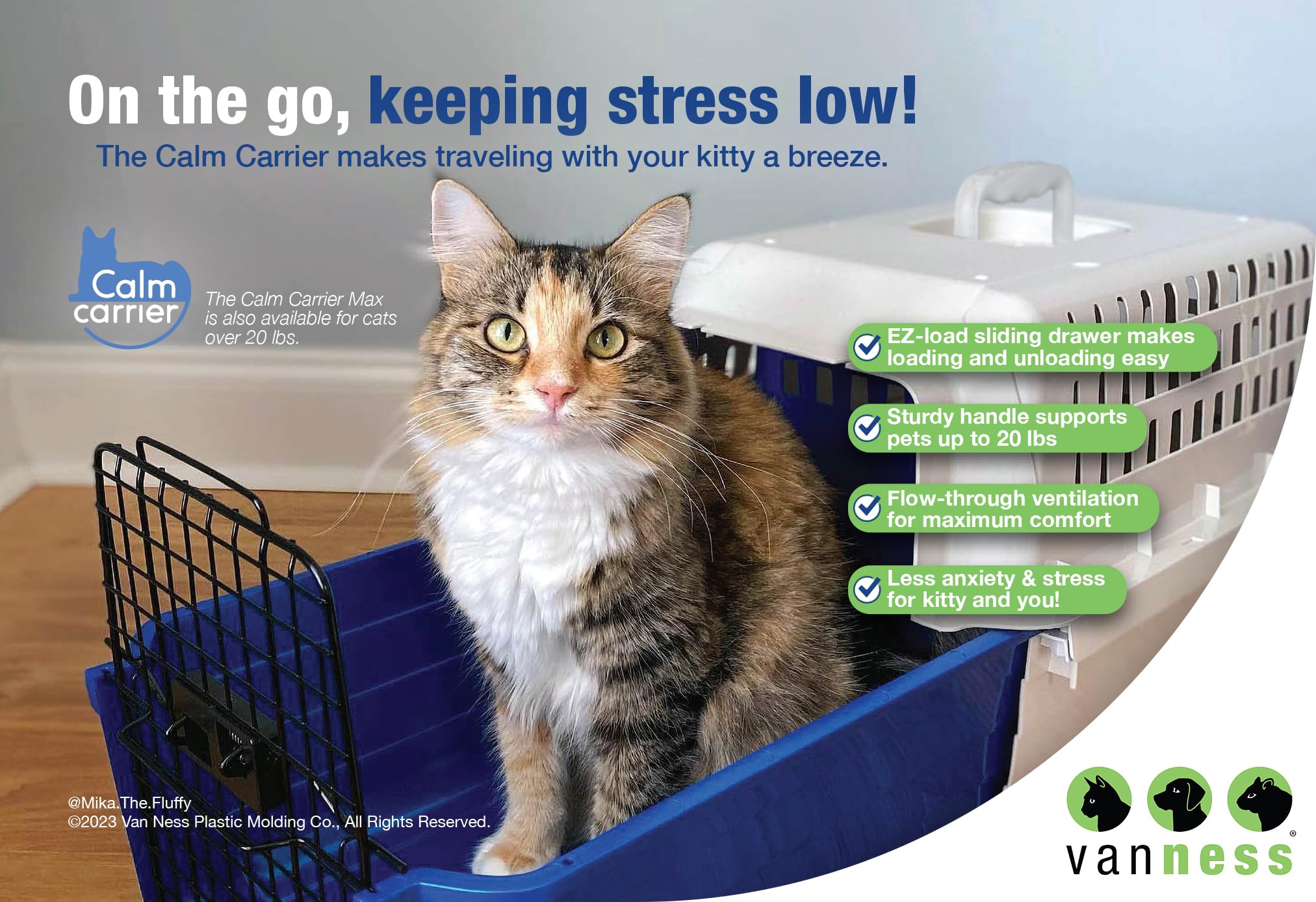 Van Ness Calm Carrier for Cats up to 20 lbs, Blue Plastic Pet Carrier, Model 225090, 20"L x 14"W x 13"H