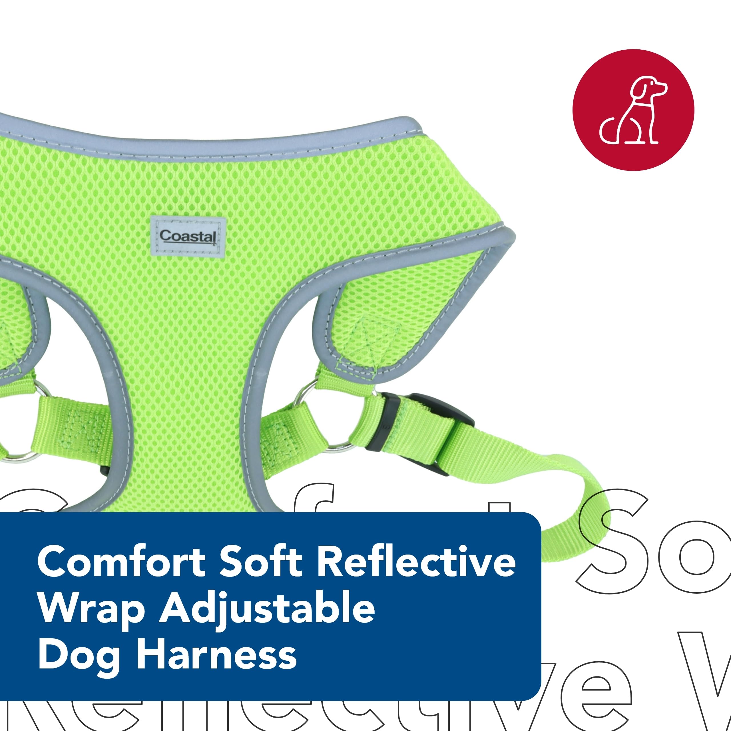 Coastal Pet Comfort Soft Reflective Wrap Adjustable Dog Harness - No-Pull Dog Harness For Small & Large Dogs - Lime - 5/8'' X 19