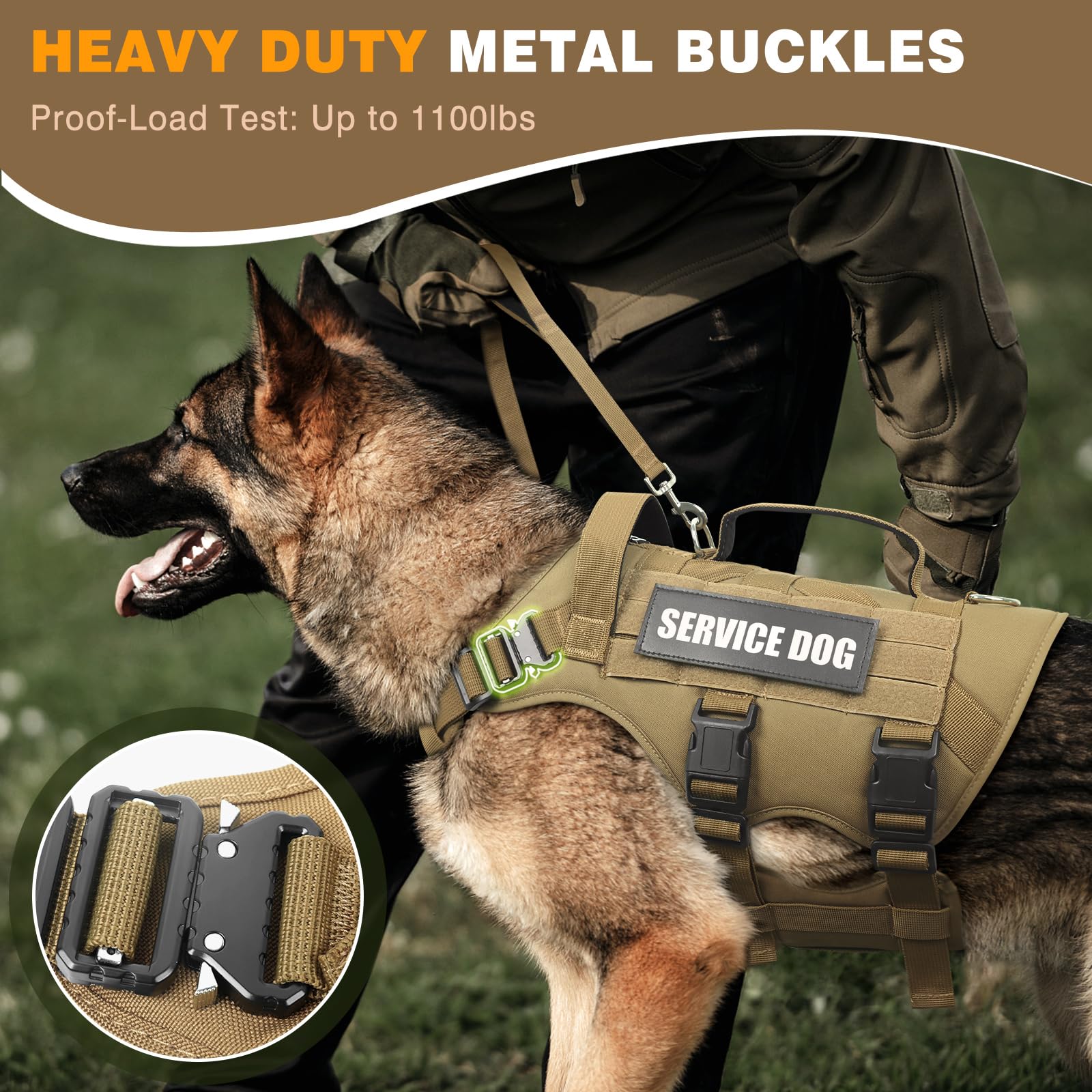 WINSEE Tactical Dog Harness with Dog Leash, Service Working MOLLE Vest with 10 Pet Patches for Medium Dog, No Pull Military Harn