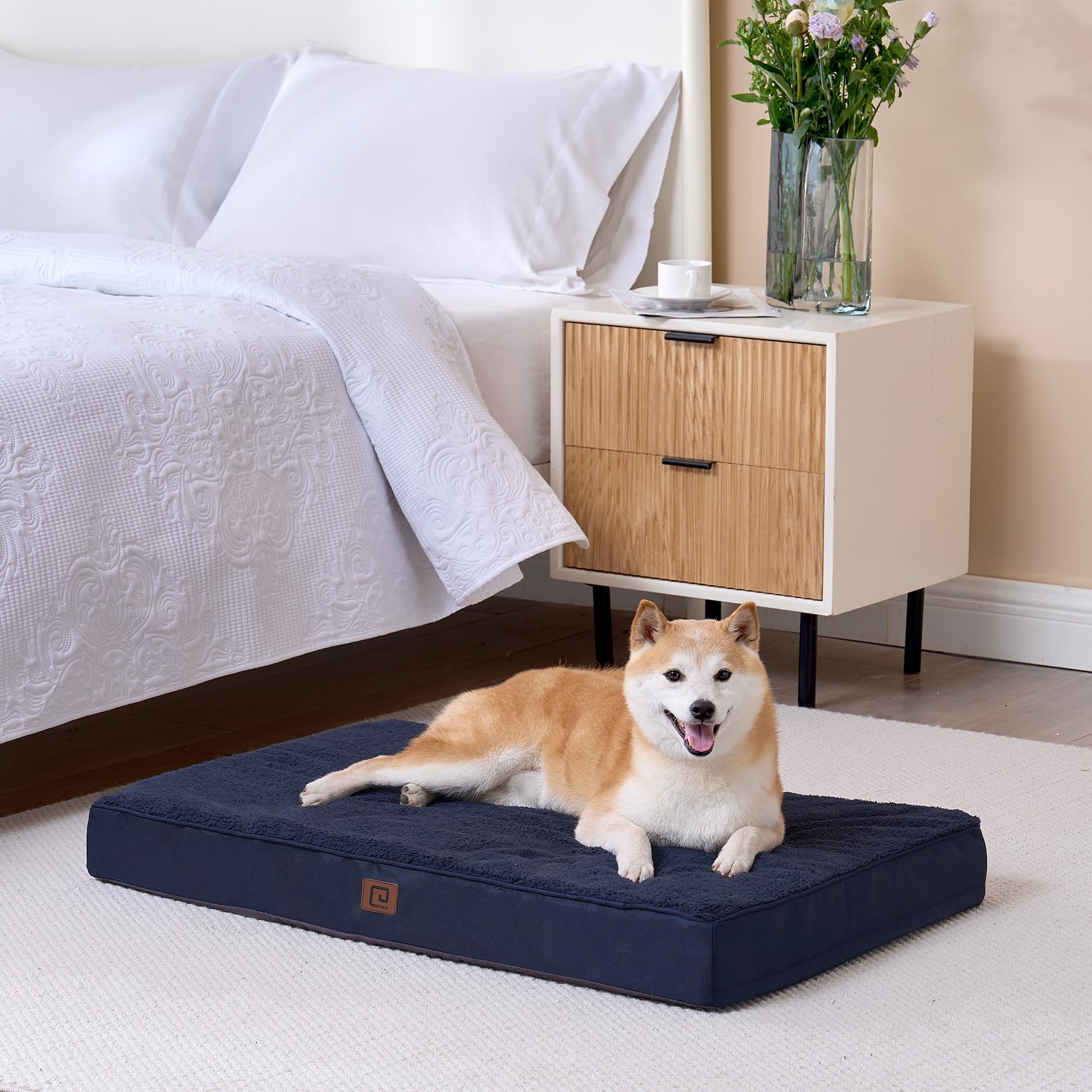 Eheyciga Orthopedic Dog Beds For Large Dogs With Removable Washable Cover For Crate, Navy, 35X23