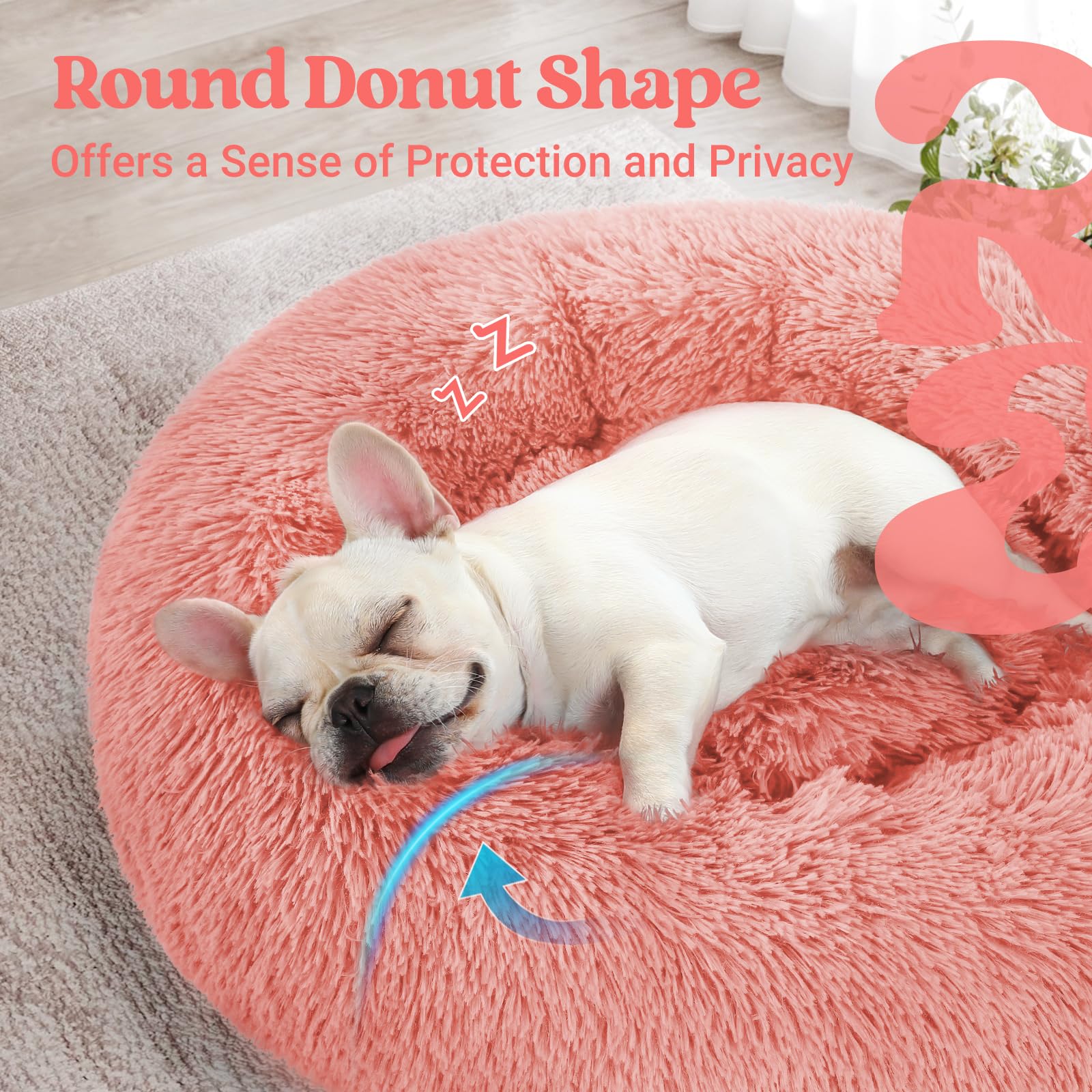 Rabbitgoo Cat Beds For Indoor Cats, 24 Inches Cat Bed Machine Washable, Fluffy Round Pet Bed Non-Slip, Calming Soft Plush Donut Cuddler Cushion Self Warming For Small Dogs Kittens, Pink, Large