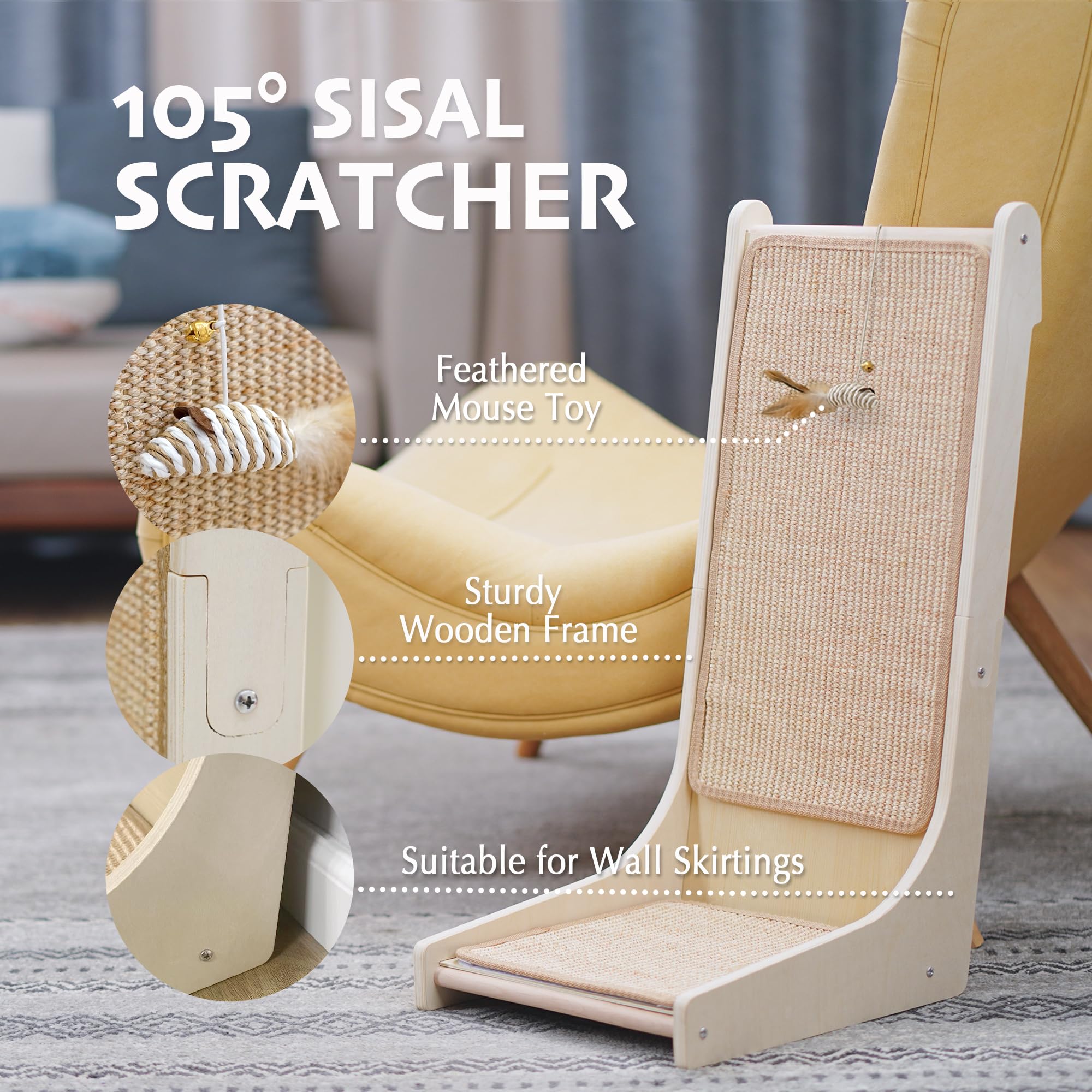 Petkaray 105 Cat Scratcher, Sisal Kitty Scratch Pad, L Shape Scratching Board For Indoor Cats, Floor Mounted Scratcher With Mous