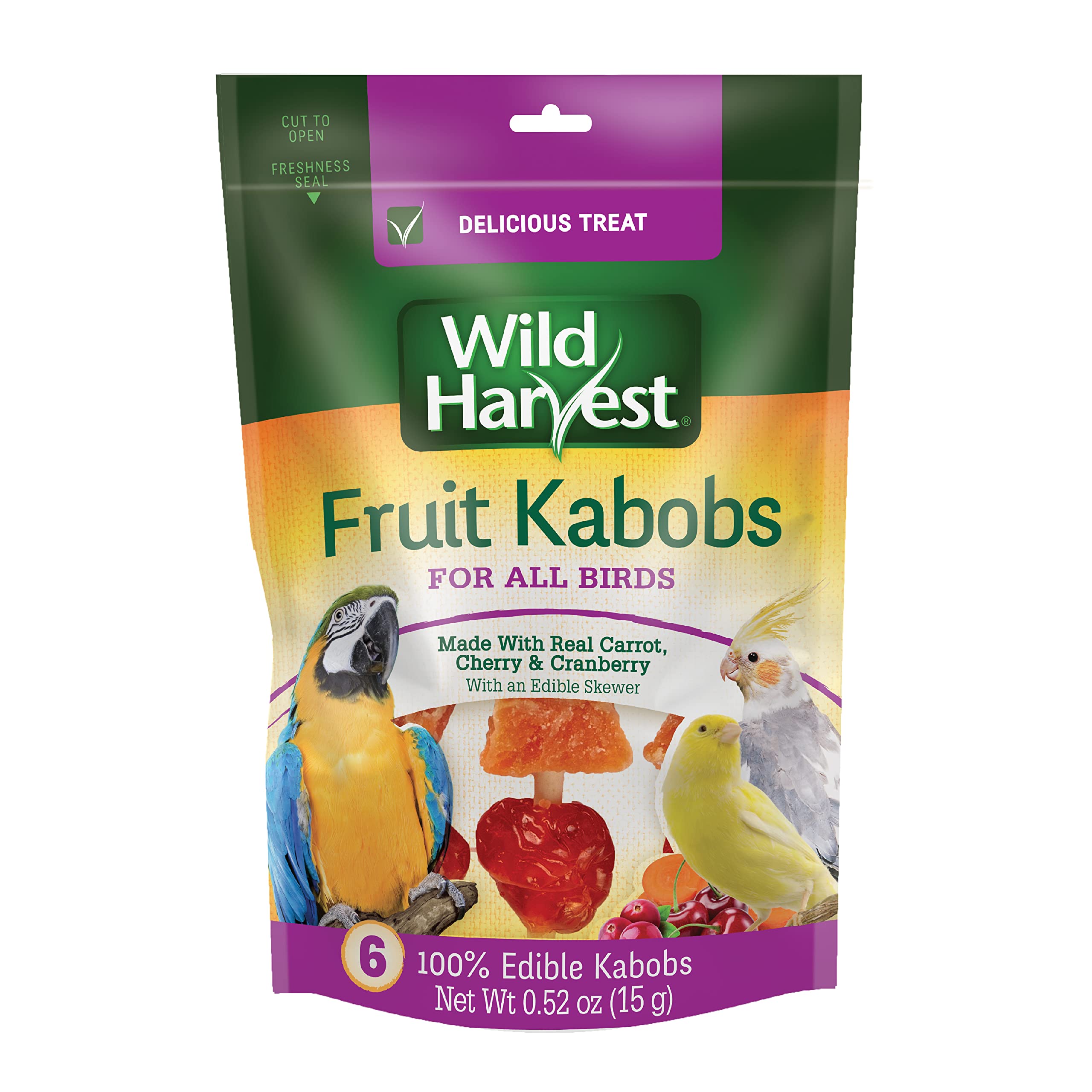 Wild Harvest Fruit Kabobs for All Birds, 6 Count, Made with Real Carrot, Cherry and Cranberry with Edible Skewer, 0.52 Ounce (Pa