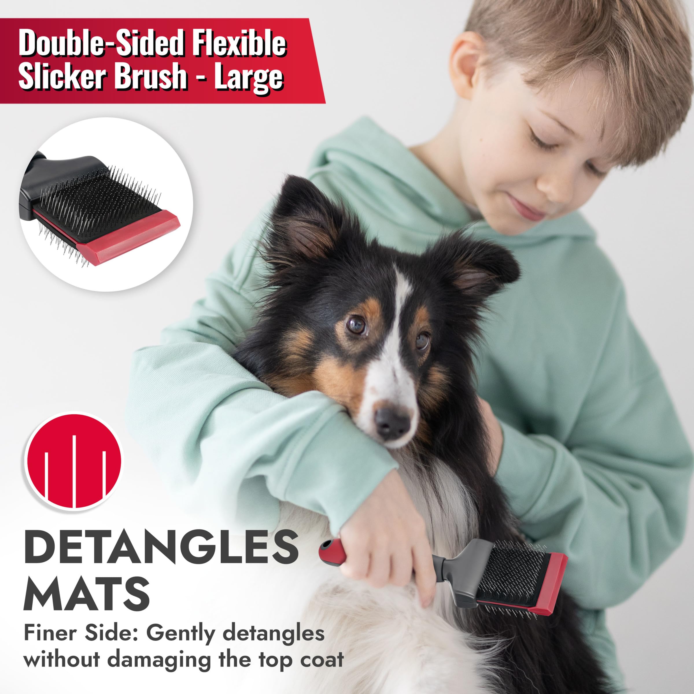 KONG Double-Sided Flexible Slicker Brush - De-Shedding & Detangling Tool, Padded Grip, Long Metal Pins, Flexible Head, for Mediu