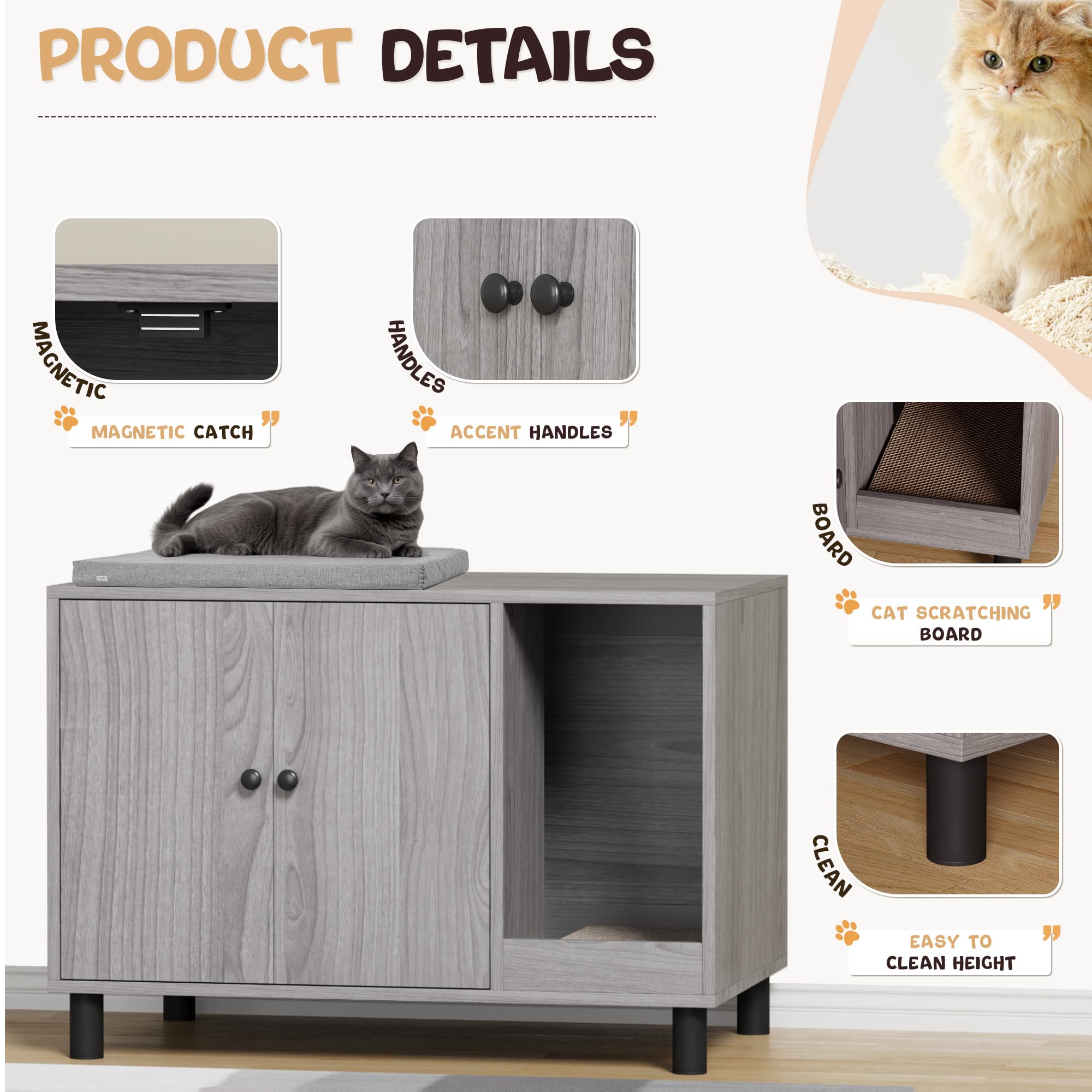 Warcat Cat Litter Box Enclosure, Modern Hidden Litter Box Enclosure Furniture, Hidden Washroom With Scratch Pad, Barn Door Desig
