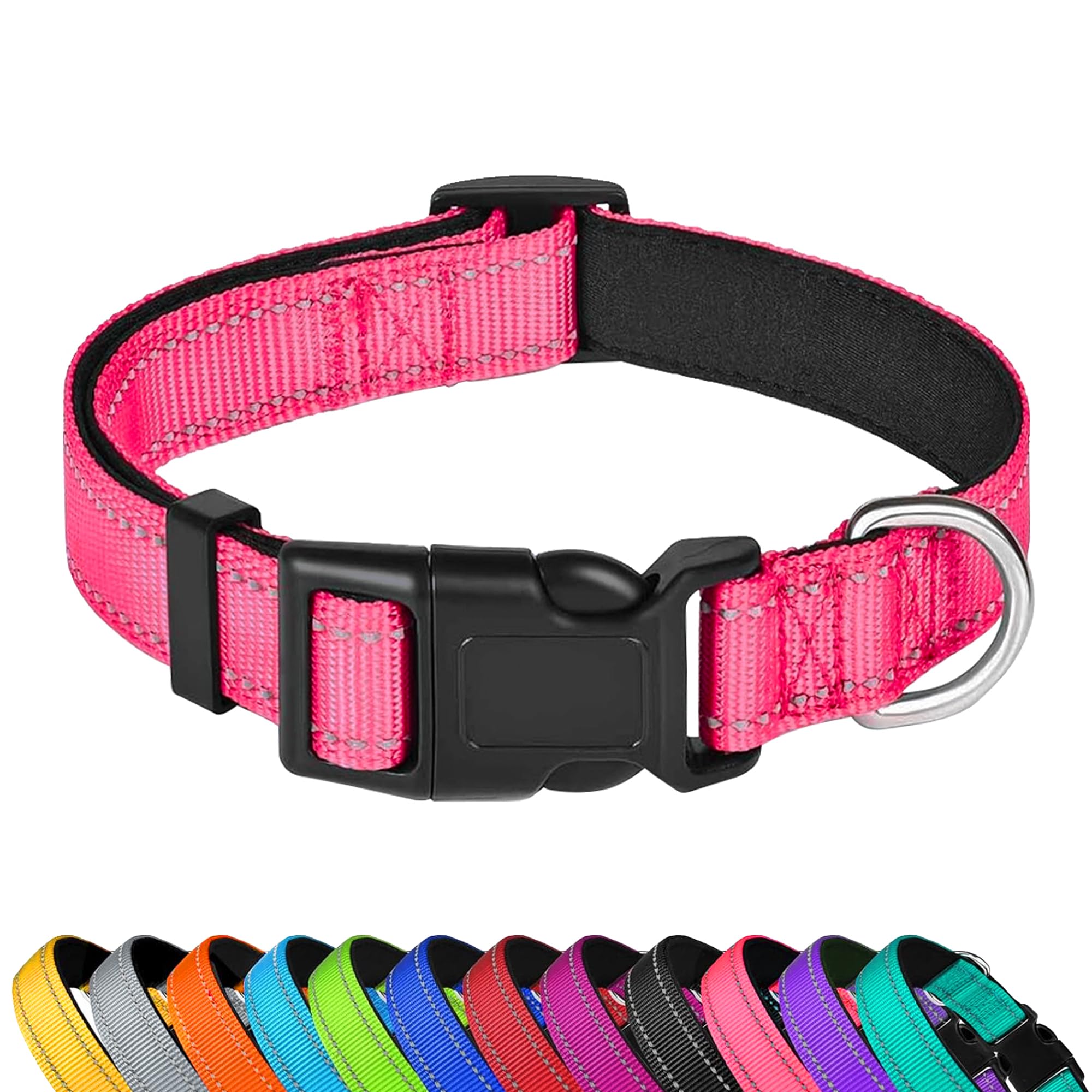 Pwod Reflective Dog Collar, Adjustable Soft Neoprene Padded Nylon Pet Collars With Buckle For Extra Large Dogs, Hotpink,Xl