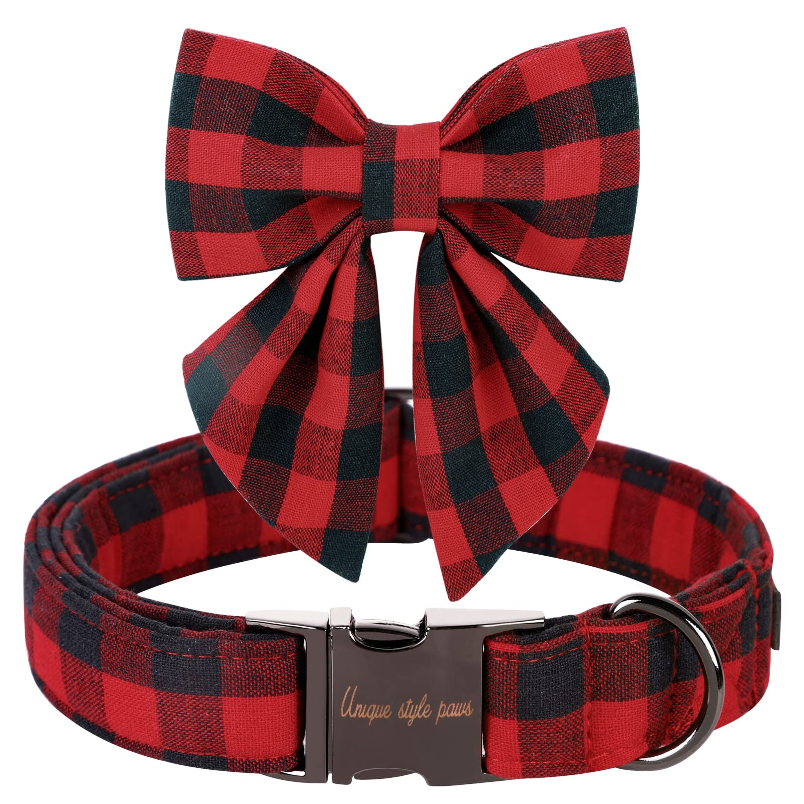 Unique Style Paws Christmas Dog Collar With Bow Tie Classic Red Plaid Puppy Collar For Small Medium Large Dogs As Holiday Winter Gifts-M