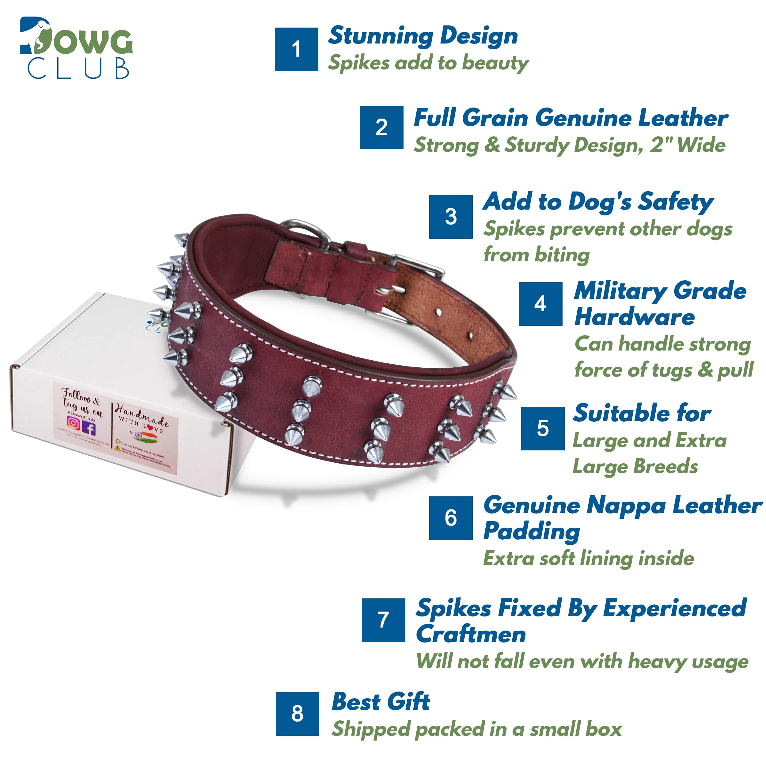 Dowgclub | Genuine Leather Spike Dog Collar | Full Grain, Heavy Duty | Comfortable, Strong, Best For Medium, Large, Xl Breeds |