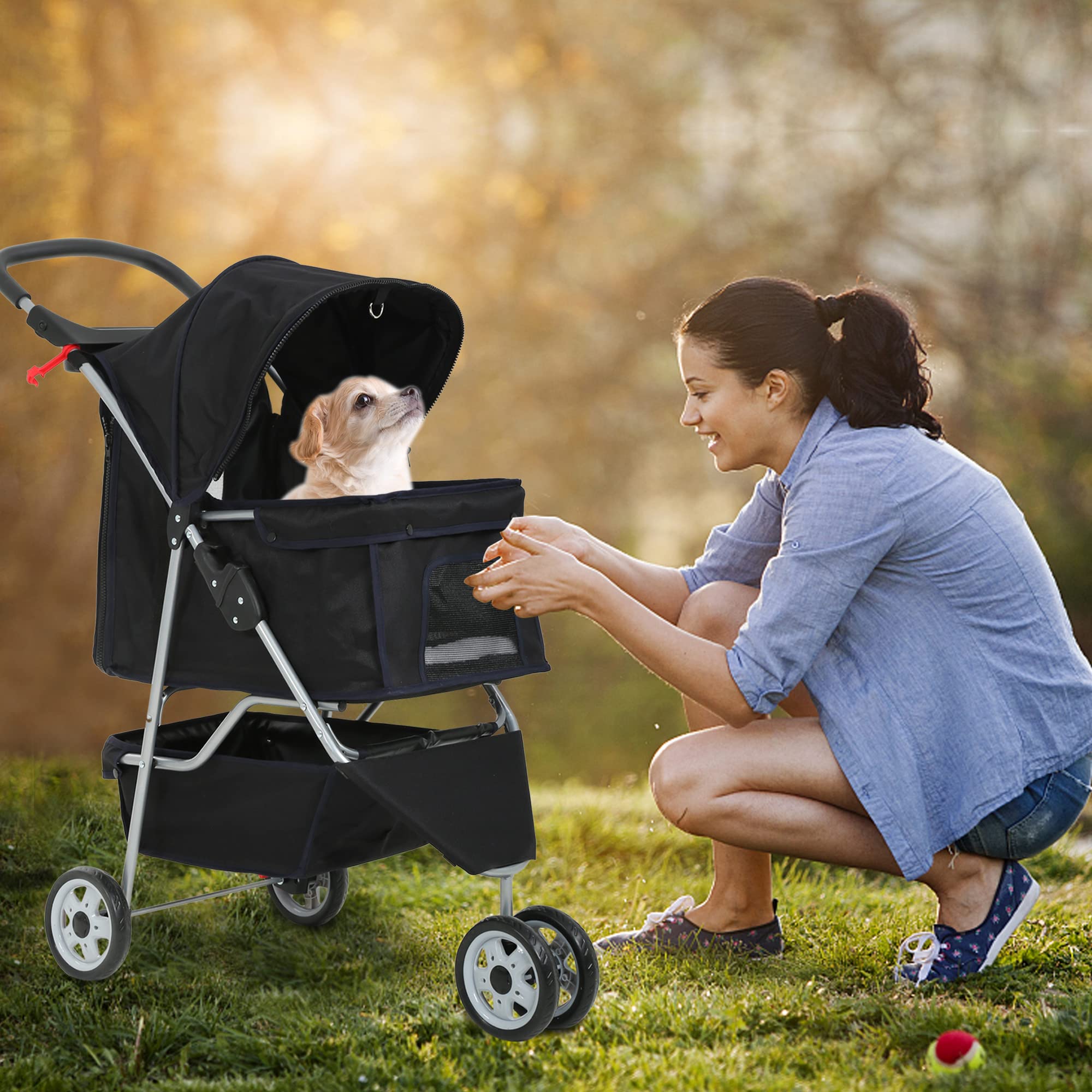 Dog Stroller,3 Wheels Travel Folding Pet Stroller for Small Medium Dog Cat Jogger Stroller with Storage Basket Removable Liner B