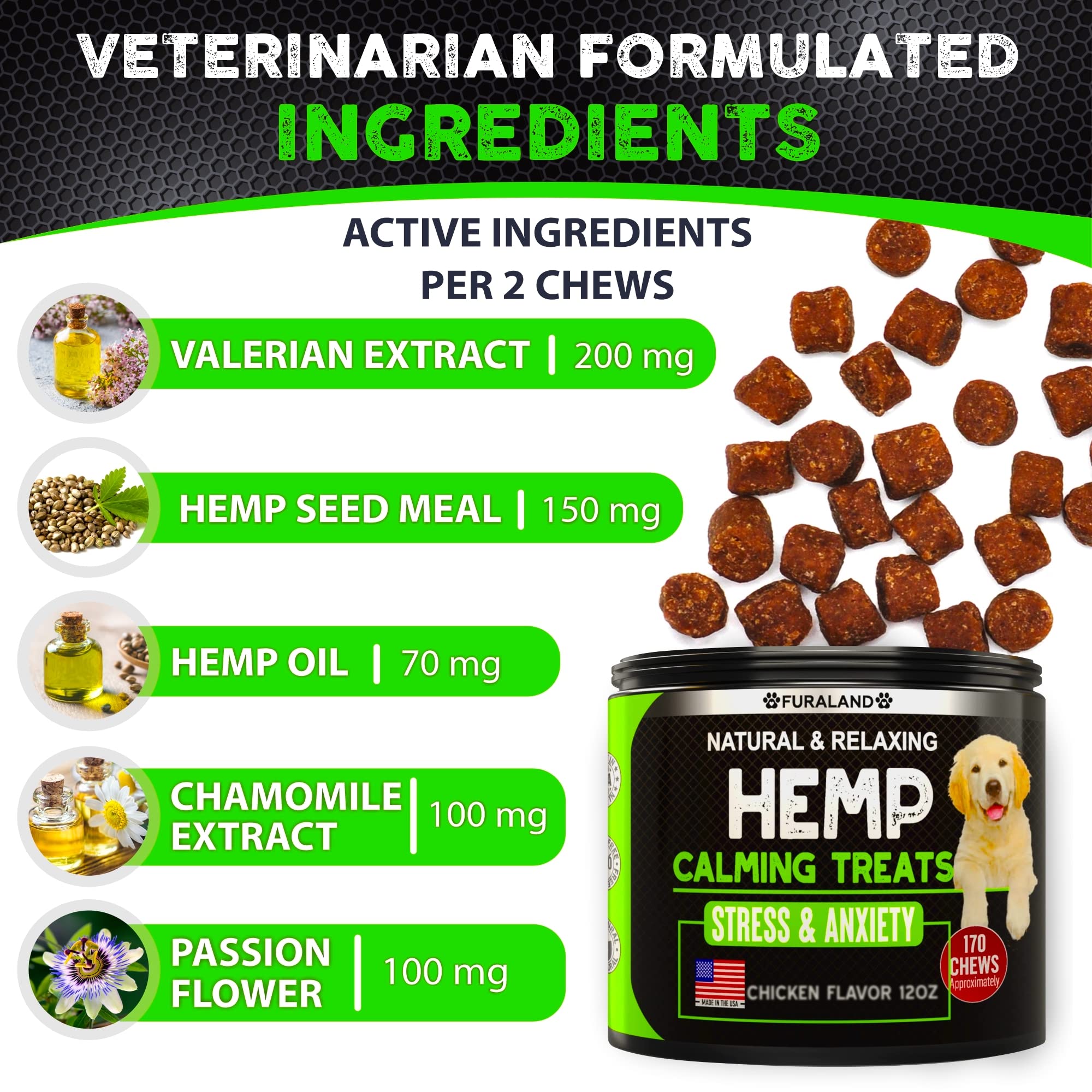 Hemp Calming Chews for Dogs with Anxiety and Stress - 170 Dog Calming Treats - Storms, Barking, Separation - Valerian Root - Mel