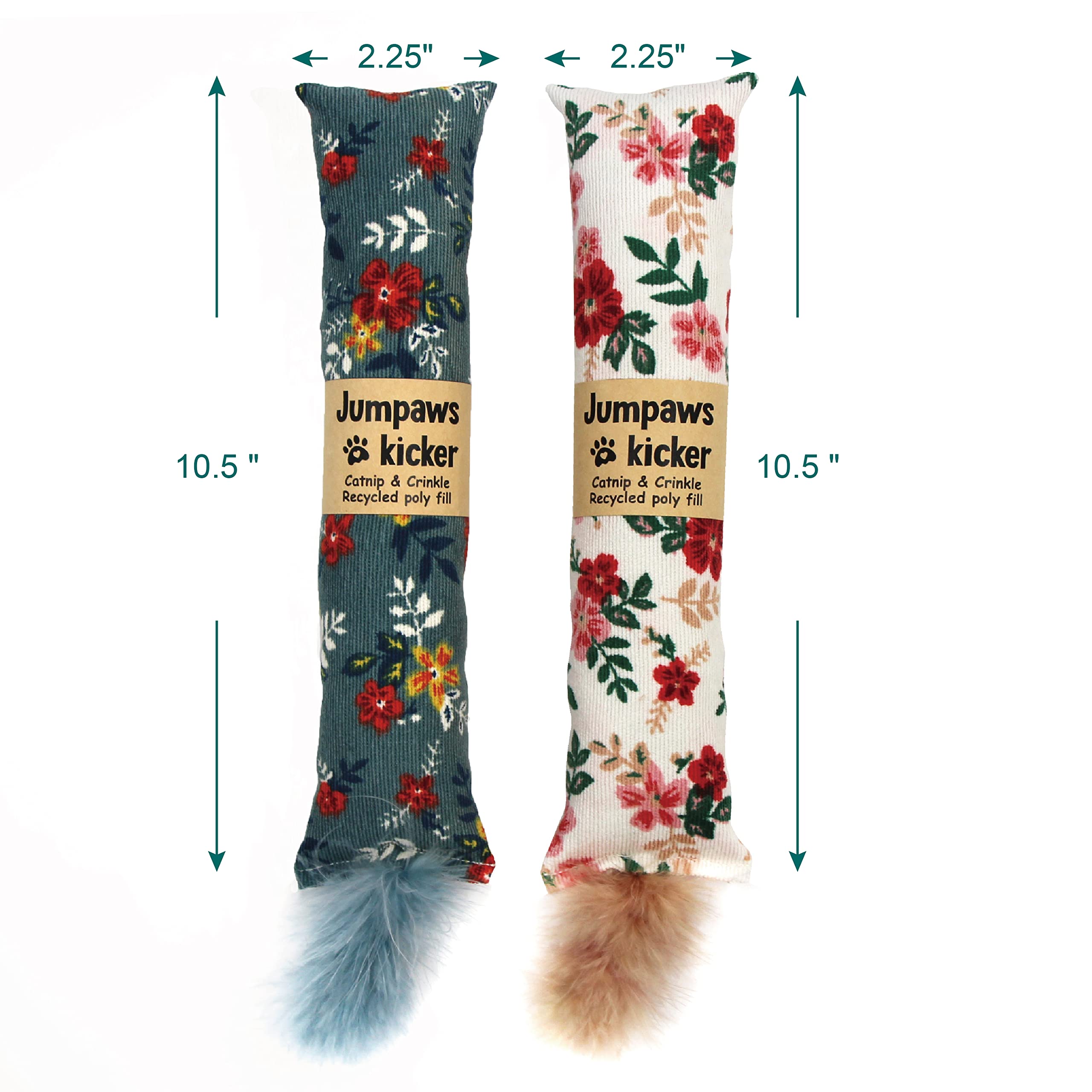 Jumpaws Cat Kicker Toys 2 Pack - Natural Catnip & Silvervine, Soft Corduroy, Feathers, Bite Resistant, Indoor Cat Accessories, Model AD-8919