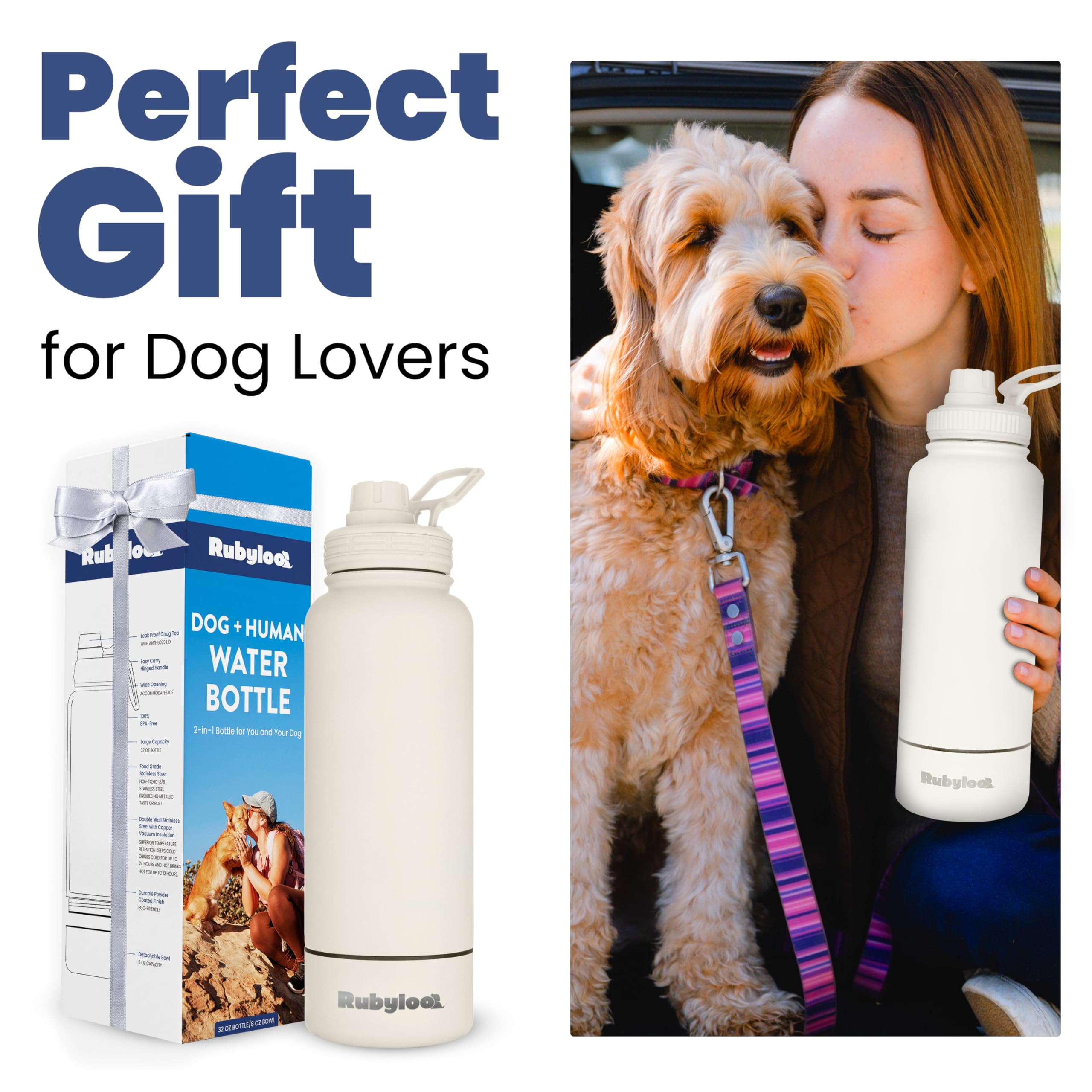 Dog Water Bottle for Dog Lovers - 32 oz Stainless Steel Double Wall Insulated Water Bottle with 8 oz Detachable Bowl - Gift for