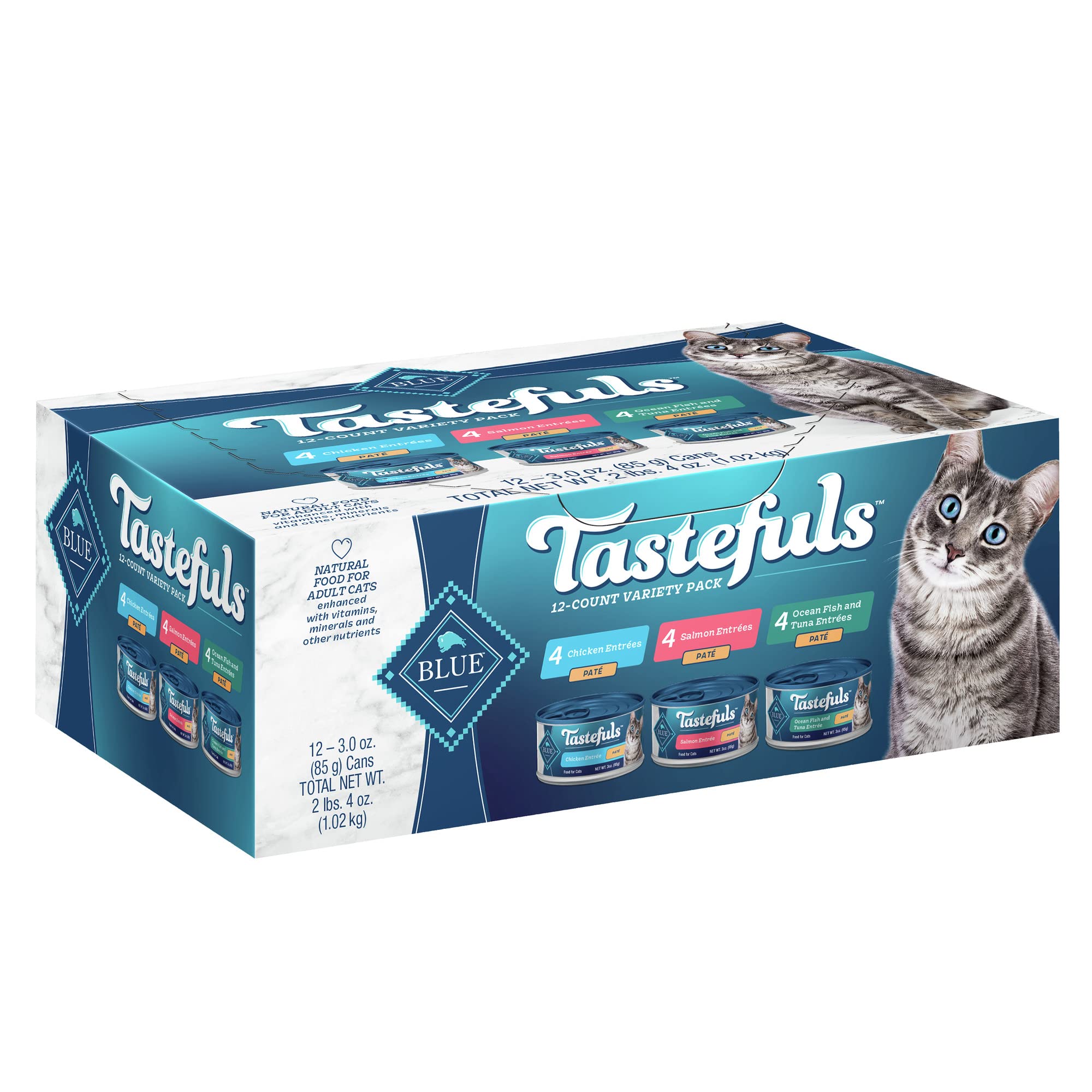 Blue Buffalo Tastefuls Natural Pate Wet Cat Food Variety Pack, Salmon, Chicken, Ocean Fish & Tuna Entr  es 3-oz Cans (12 Count -