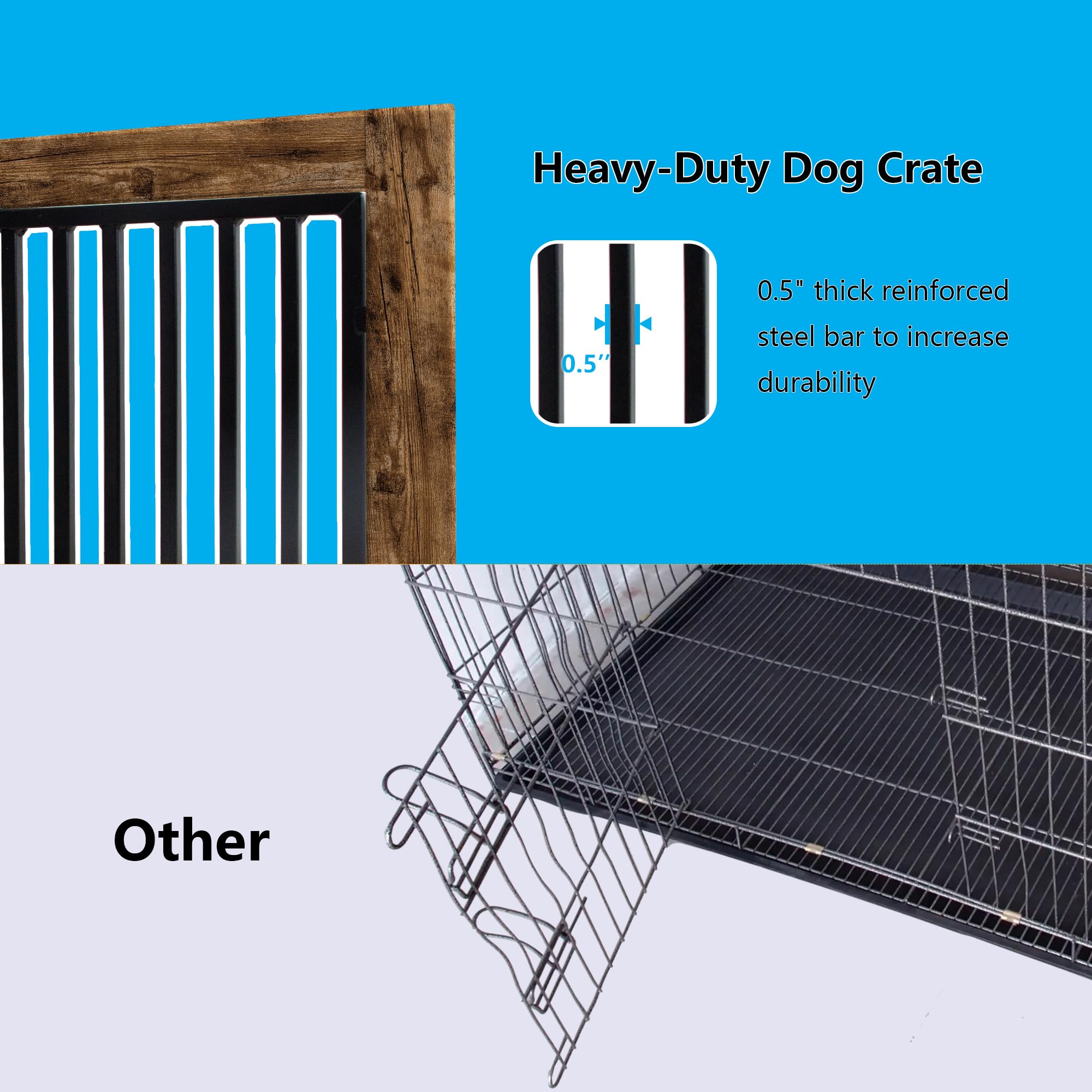 Yookare Rustic Brown Heavy Duty Furniture Dog Crate, Wood And Metal Kennel Cage, Pet House End Table With Drawer And Pull-Out De
