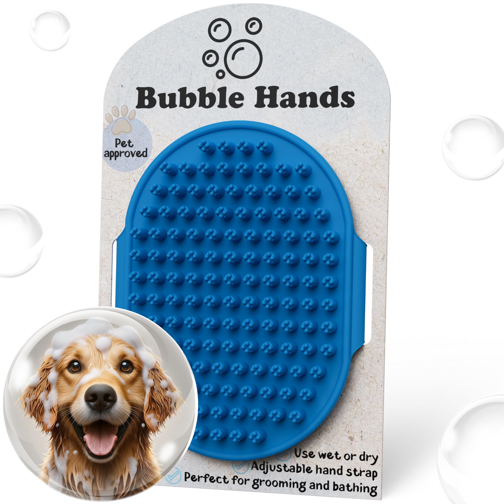 Bubble Hands Dog Bath Brush With Bristle Scrubbers, Reusable Silicone Gloves Ideal For Pet Bathing, Massaging & Grooming (Blue)