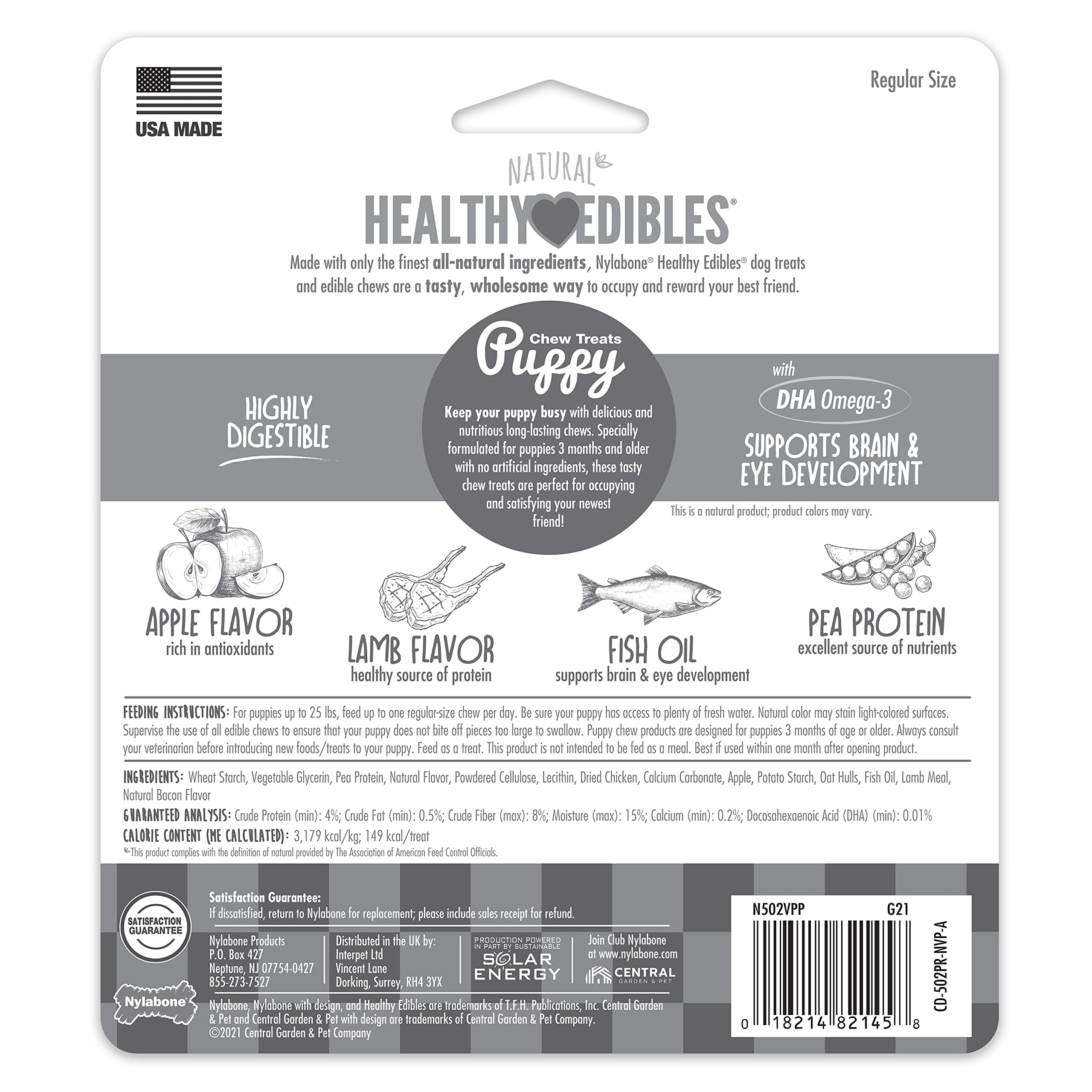 Nylabone Healthy Edibles Natural Puppy Chews Long Lasting Treats for Puppies, Lamb & Apple Flavor, Small/Regular (3 Count)