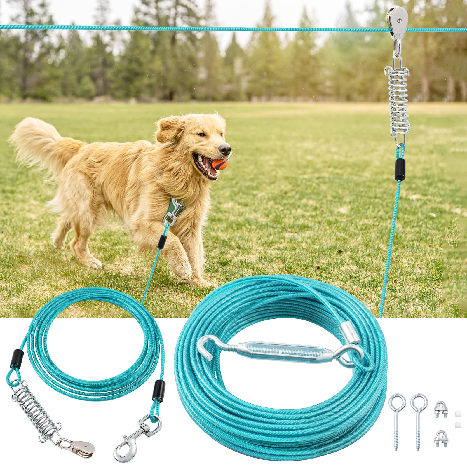 Luffwell Dog Runner For Yard - 50Ft Long Lead With 10Ft Pulley Cable, Heavy Duty For Large Dogs Up To 250Lbs, Trolley Runner Sys