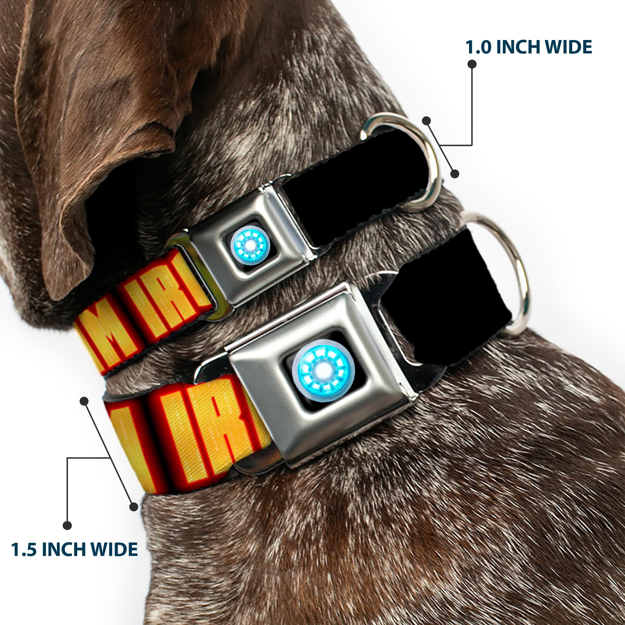Buckle-Down Seatbelt Buckle Dog Collar - Iron Man Face/I Am Iron Man Black/Yellow Glow - 1' Wide - Fits 15-26' Neck - Large