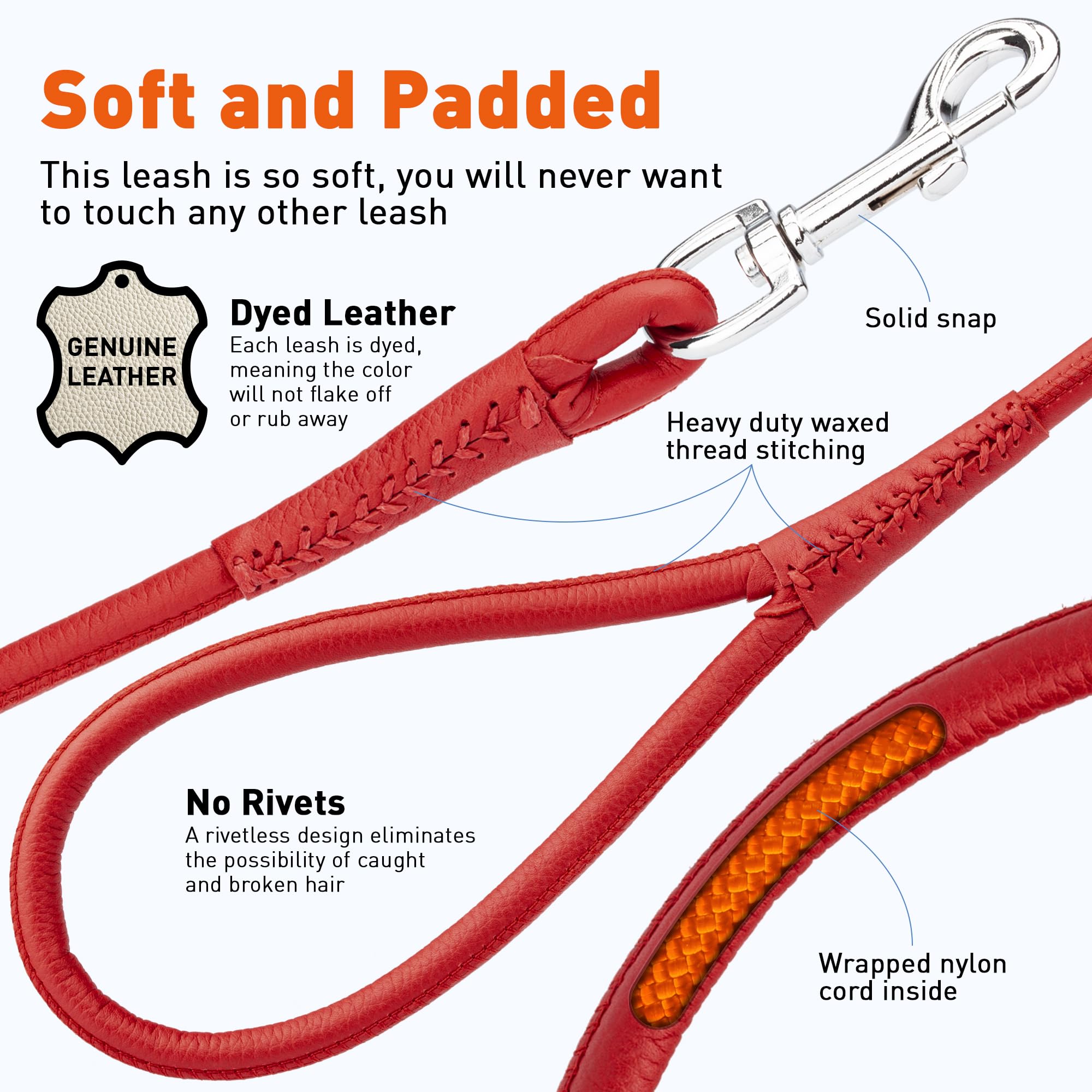 Dogline Rolled Leather Dog Leash - For Small, Medium And Large Breeds - Soft And Padded Lead Luxury Design - Red - 1/4In W X 6Ft L