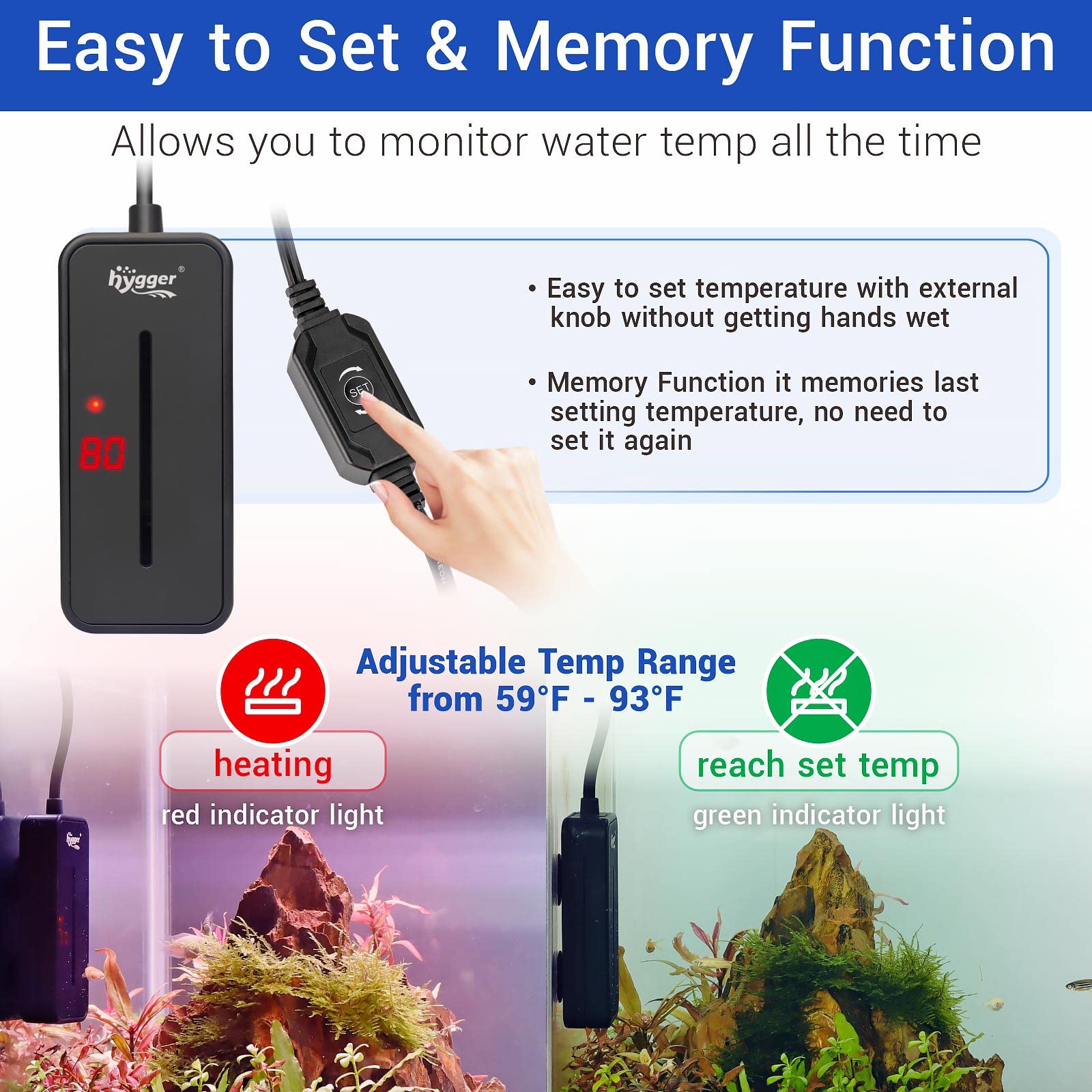 Hygger Small Submersible Aquarium Heater 50W Mini Betta Fish Tank Heater With Thermostat For 5-10 Gallon Saltwater Freshwater
