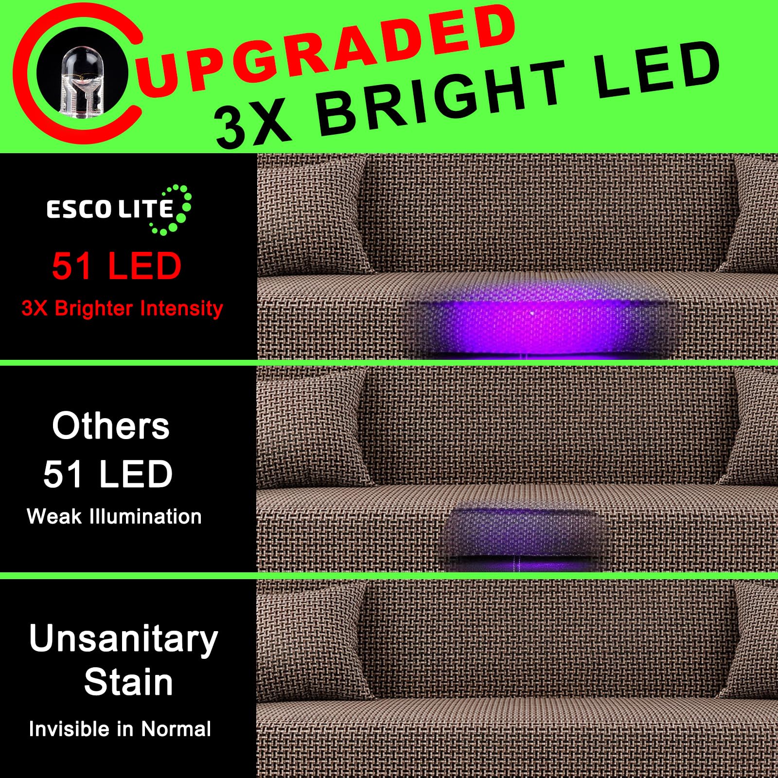 ESCO LITE UV Flashlight - 100 LED 395 nM Black Light for Pet Stains & Bed Bugs - Aluminum Model ESCO_0060