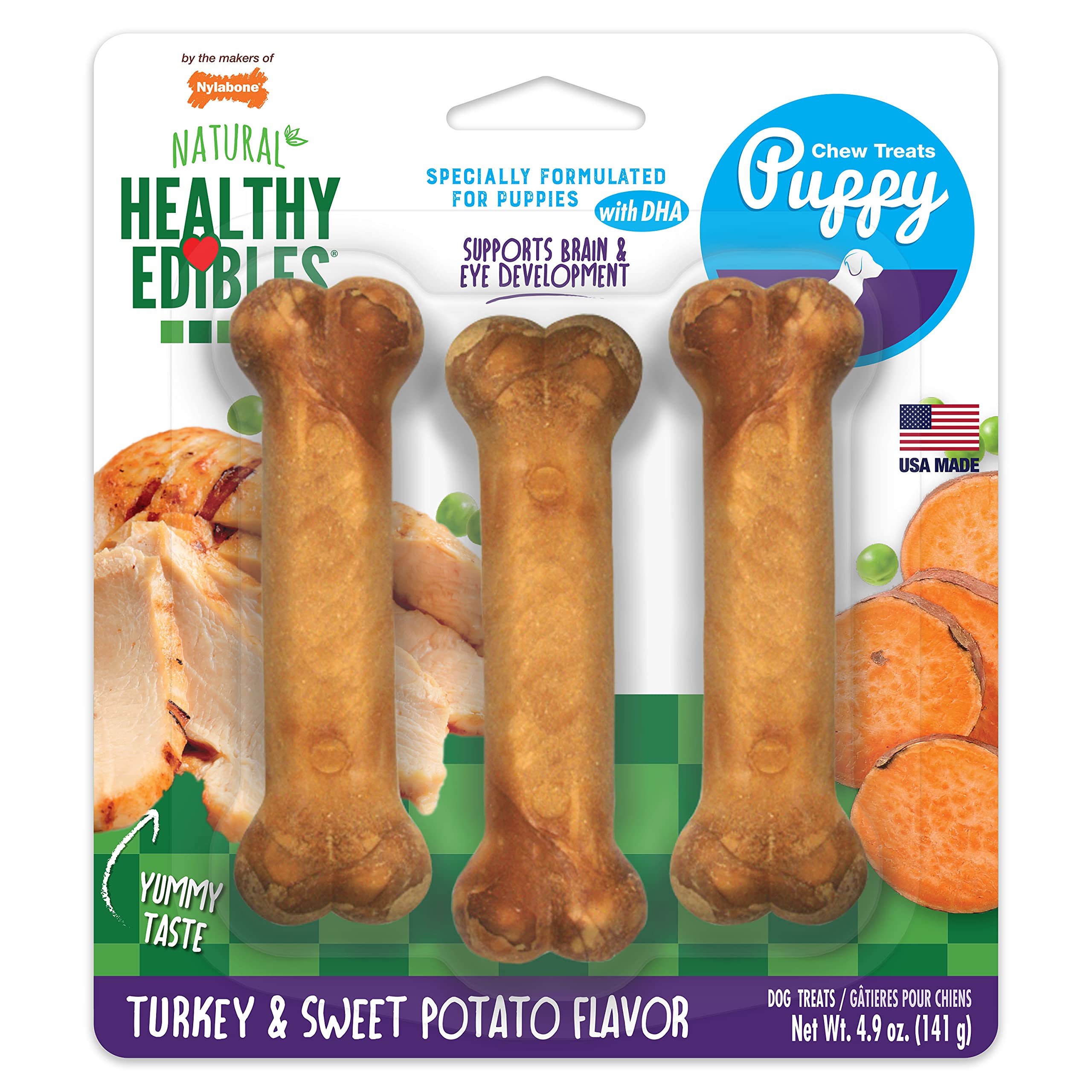 Nylabone Healthy Edibles Natural Puppy Treats - Long-Lasting Dog Treats - Puppy Supplies - Turkey & Sweet Potato Flavor, Small/R