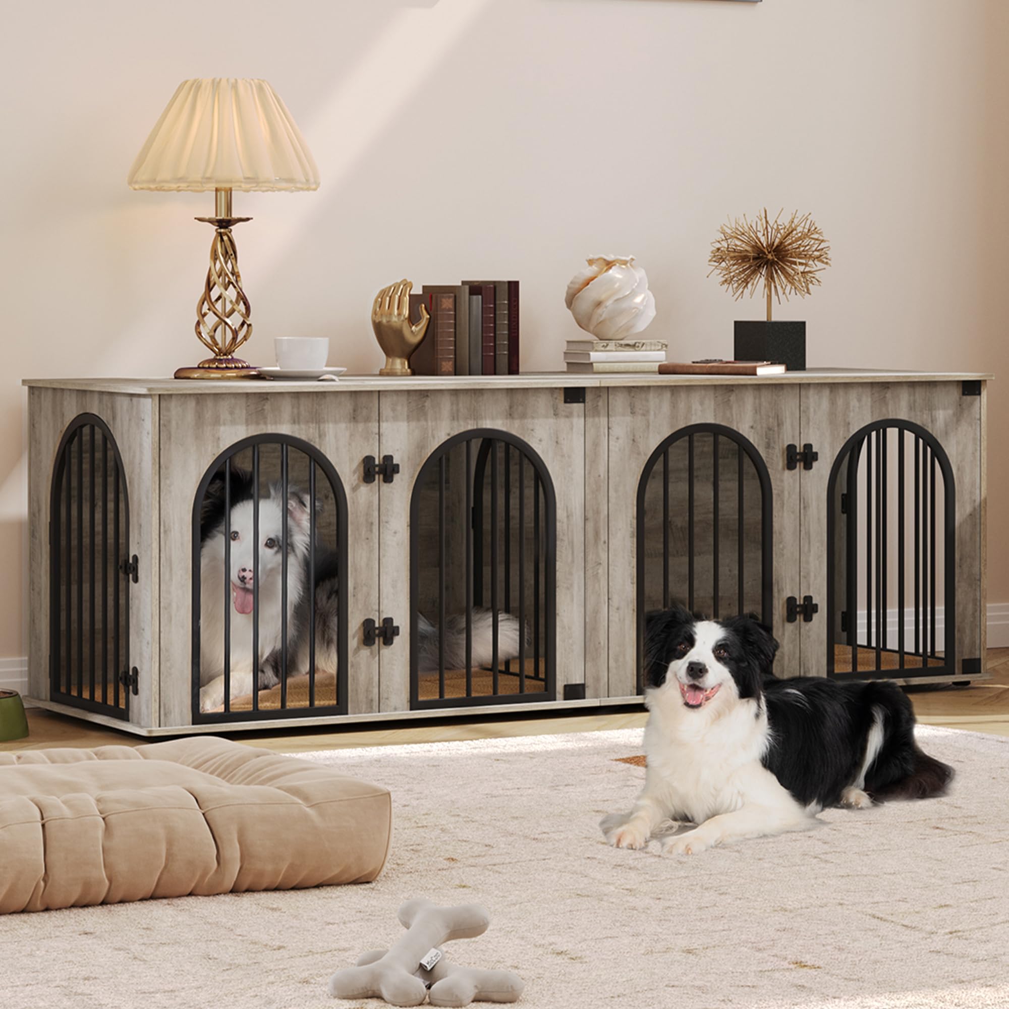 Hzuaneri 70.9 Dog Crate Furniture for 2 Dogs, Heavy Duty Indoor Dog Kennel TV Stand, XXL Wooden Dog Cage with Divider for Medium